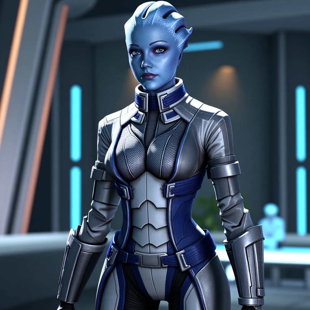 This image is a digital artwork featuring a futuristic, humanoid alien character Liara T'Soni. The character, a female, stands confidently in a high-tech, futuristic setting, likely inside a spaceship or space station. She has a sleek, blue, almost metallic skin and a sleek, short haircut styled in a precise, geometric pattern. Her eyes are a piercing blue, and she has a serene, confident expression. She is dressed in a form-fitting, high-tech suit that blends seamlessly into her body, composed of a combination of metallic and dark blue armor with white accents. The suit features a high collar, elbow-length gloves, and knee-high boots, all designed with intricate, geometric patterns and straps., Liara T'Soni_epoch_15