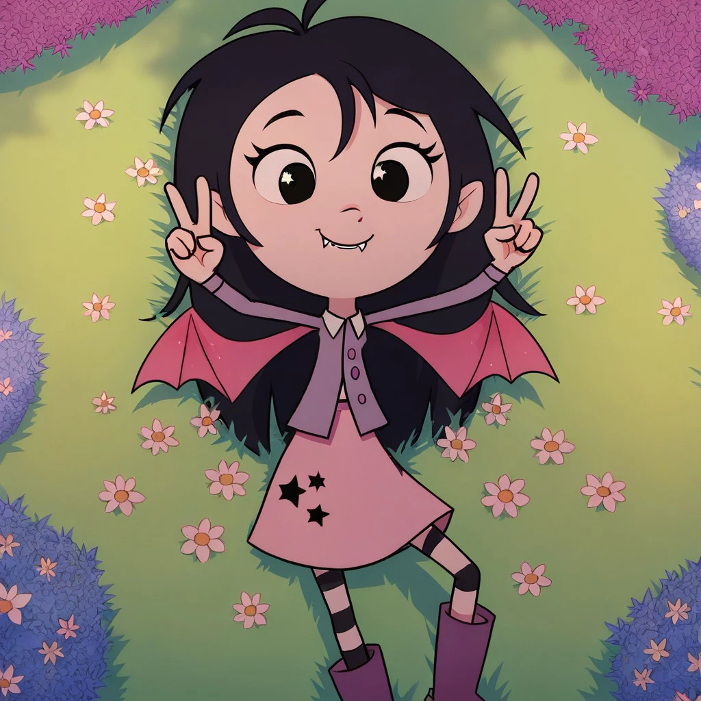 score_9, score_8, score_7, break, solo, isadora_m, 1girl, black hair, black eyes, wings, fangs, skirt, shirt, striped pantyhose, boots, on back, double v, grass, flowers, tree, cute,