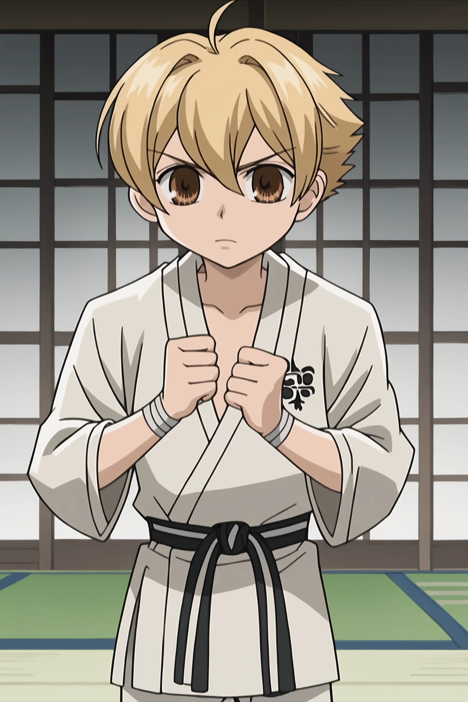 score_9, score_8_up, score_7_up, source_anime, official anime artwork, screencap, anime screencap, masterpiece, detailed face,
in a karate dojo,
 <lora:Mitsukuni_Haninozuka_Honey:1>Honey (character), 1boy, solo, blonde hair, short hair, hair between eyes, ahoge, brown eyes, Honey karate outfit, dougi, black belt,
cowboy shot, doing a karate pose,