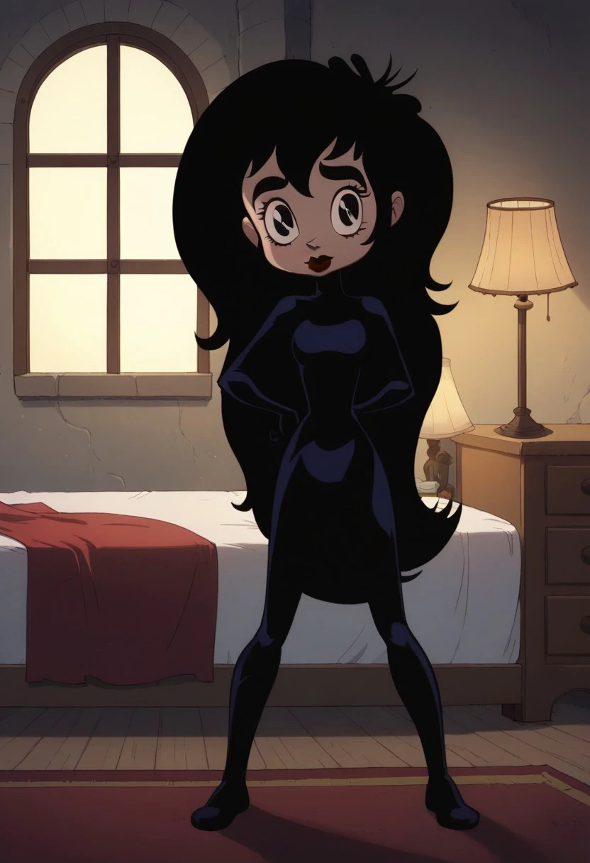 score_8, score_8_up, score_7_up, 1girl, female focus, solo, EmmaMelinda_UWE, fair skin, big eyes, black eyes, black eyebrows, long eyelashes, dark red lips, long wavy hair, black hair, pure black bodysuit , black boots, full body, indoors, bed, bedroom, nightstand, lamp, window, smile, standing