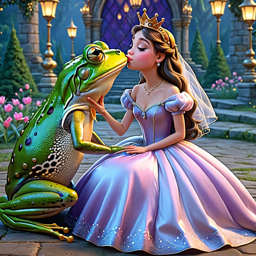 score_9_up,score_8_up,score_7_up,score_6_up, score_5_up, frog, kiss, princess, princess dress, eyes closed, imminent kiss, puckered lips, masterpiece, 4k, high quality, princess dress