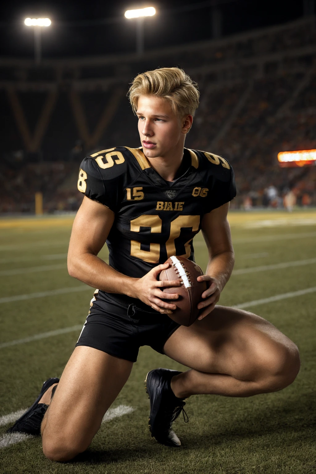 (from side:0.5), on one knee,  <lora:William_ReV:0.8> <lora:footballcutoff-09:1> blond man, full lips, handsome, wearing shirt and black shorts with gold accents, holding football, american_football field, blurred background