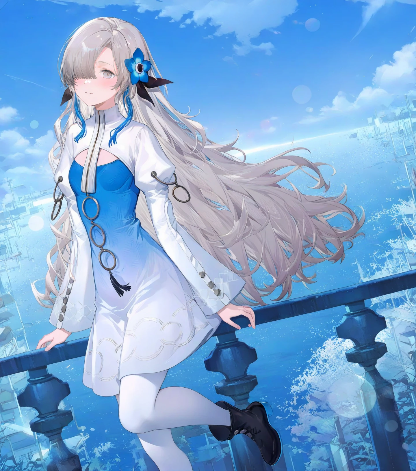 (miyuki \(miyuki0529\):1.1025),(nekonyan:1.1576),
1girl, isekaijoucho, isekai joucho, blue hair flower, gray wavy long hair, hair over one eye, multicolored hair, white blue two-tone dress, blue white gradient dress, puffy long sleeves, white pantyhose, high heel boots,
smile, blush, aroused, cinematic lighting,  dynamic angle, looking afar,
against railing, railing, 
burry background, bokeh,
outdoor, cherry blossom, riverside, water paddle, pedestrian,
masterpiece, best quality, amazing quality, very aesthetic, absurdres,
 <lora:Fixhands_anime_bdsqlsz_V1:1>    <lora:Isekaijoucho_anynoob_B:1>,ã