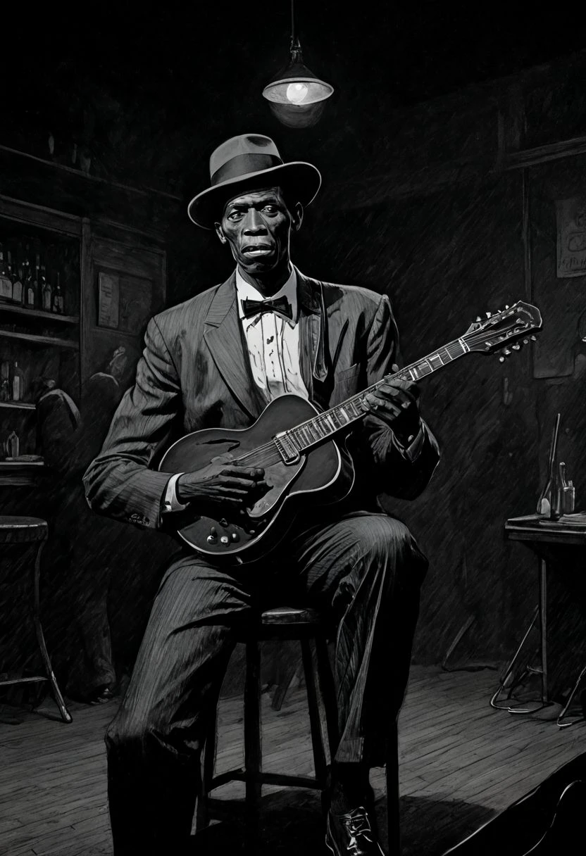 prohibition, robert Johnson, guitar, the man who sold his soul to the devil, blues, crowdy and smocky alabama bar, graphic novels illustration, style by Gibrat, crosshatching, ink, dramatic lighting, moody black monochrome<lora:_CHY_Patouille:-2.5>