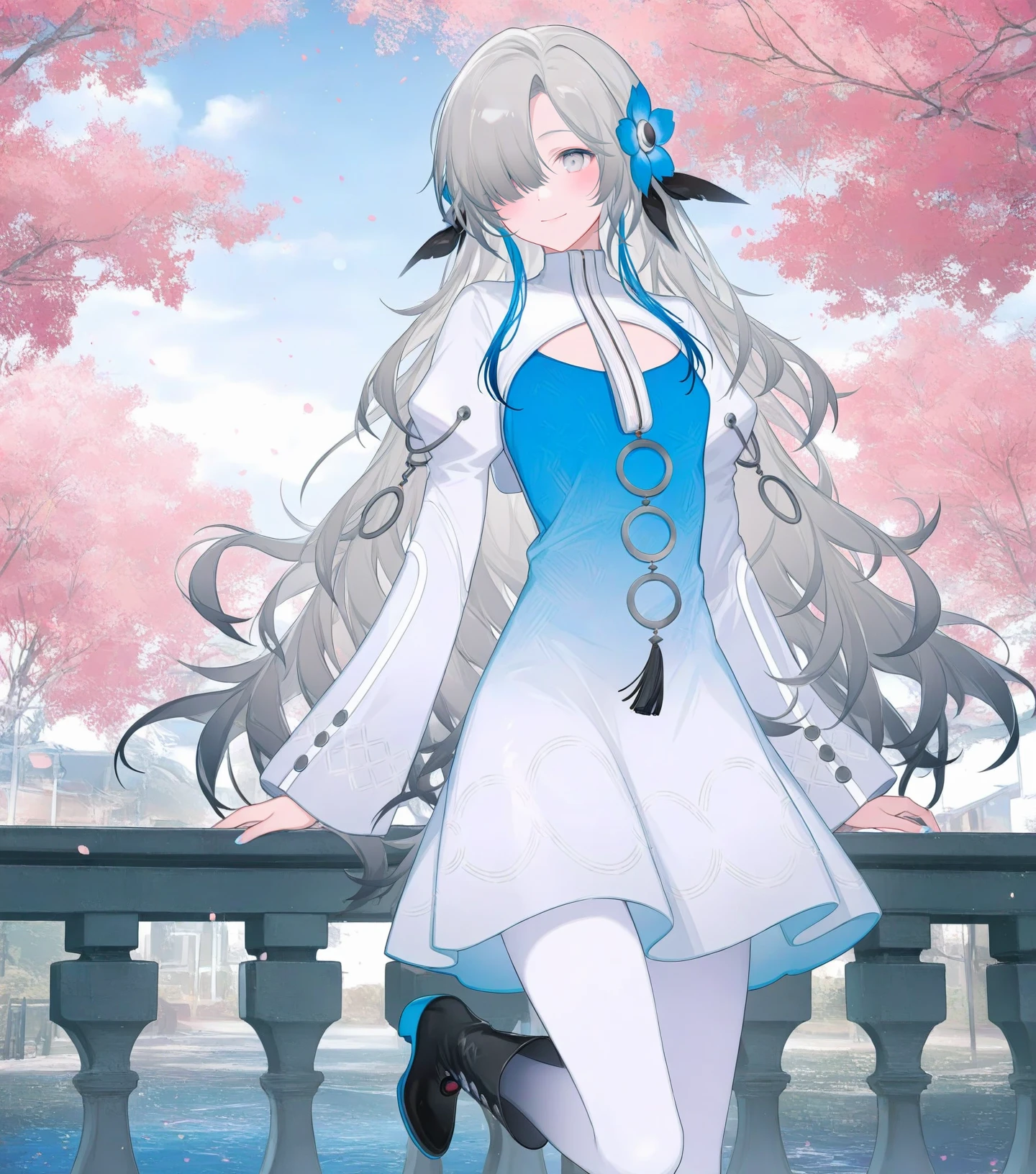 (miyuki \(miyuki0529\):1.1025),(nekonyan:1.1576),
1girl, isekaijoucho, isekai joucho, blue hair flower, gray wavy long hair, hair over one eye, multicolored hair, white blue two-tone dress, blue white gradient dress, puffy long sleeves, white pantyhose, high heel boots,
smile, blush, aroused, cinematic lighting,  dynamic angle, looking afar,
against railing, railing, 
burry background, bokeh,
outdoor, cherry blossom, riverside, 
masterpiece, best quality, amazing quality, very aesthetic, absurdres,
 <lora:Fixhands_anime_bdsqlsz_V1:1>    <lora:Isekaijoucho_anynoob_A:1>