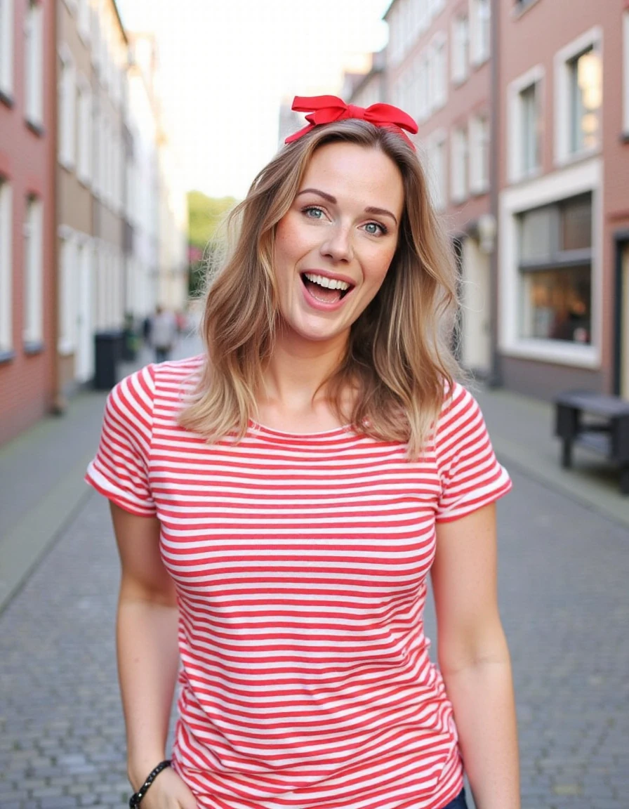 The image is a portrait of ISAB3L. She is standing on a cobblestone street with buildings in the background. She is wearing a red and white striped t-shirt and has a big smile on her face. Her hair is styled in with a red ribbon tied in a bow on top. She has a bracelet on her left wrist. The overall mood of the image is cheerful and playful.