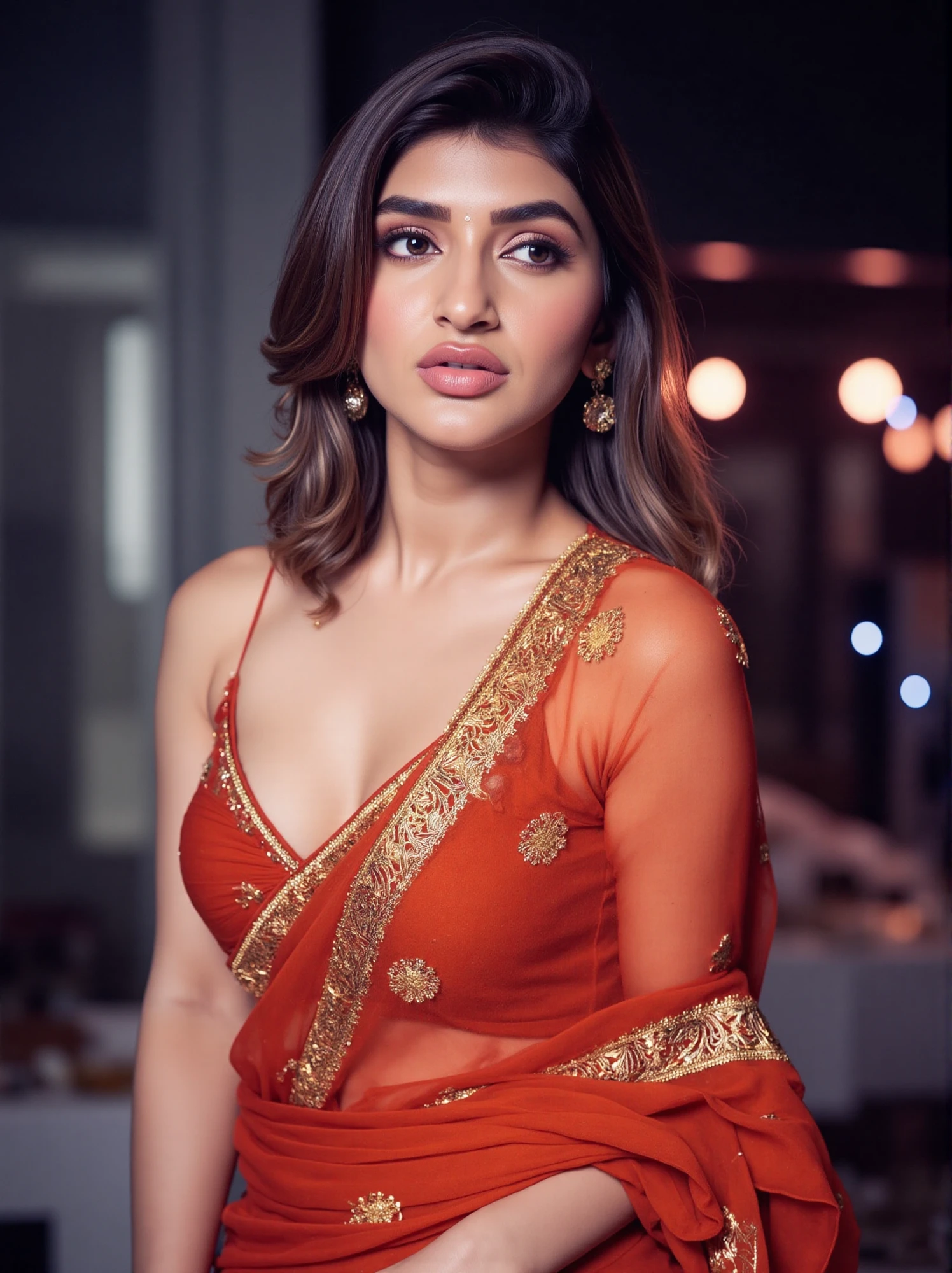 A stunning woman sreeleela poses confidently in a striking saree with sleeveless blouse and clevage. Her gaze locks onto the camera with seductive intensity, as if daring onlookers to look away. The background is expertly blurred, drawing attention solely ...