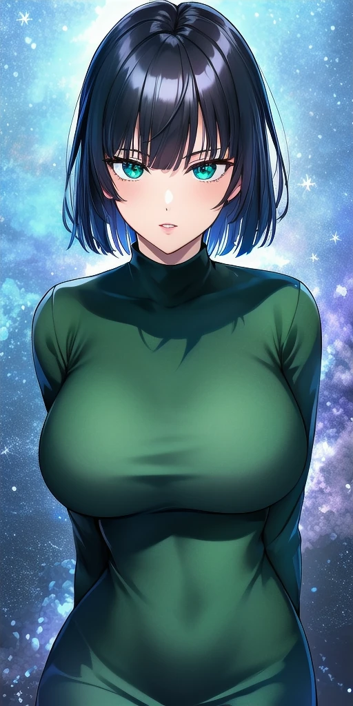 <lora:FubukiV3:0.7> fubuki_bob_cut, huge_breasts, standing, solo, arms_behind_back, starry_sky, green_turtleneck_dress_long_sleeves, masterpiece, best_quality, detailed_face, detailed_eyes, highres, beautiful, detailed, absurdres,