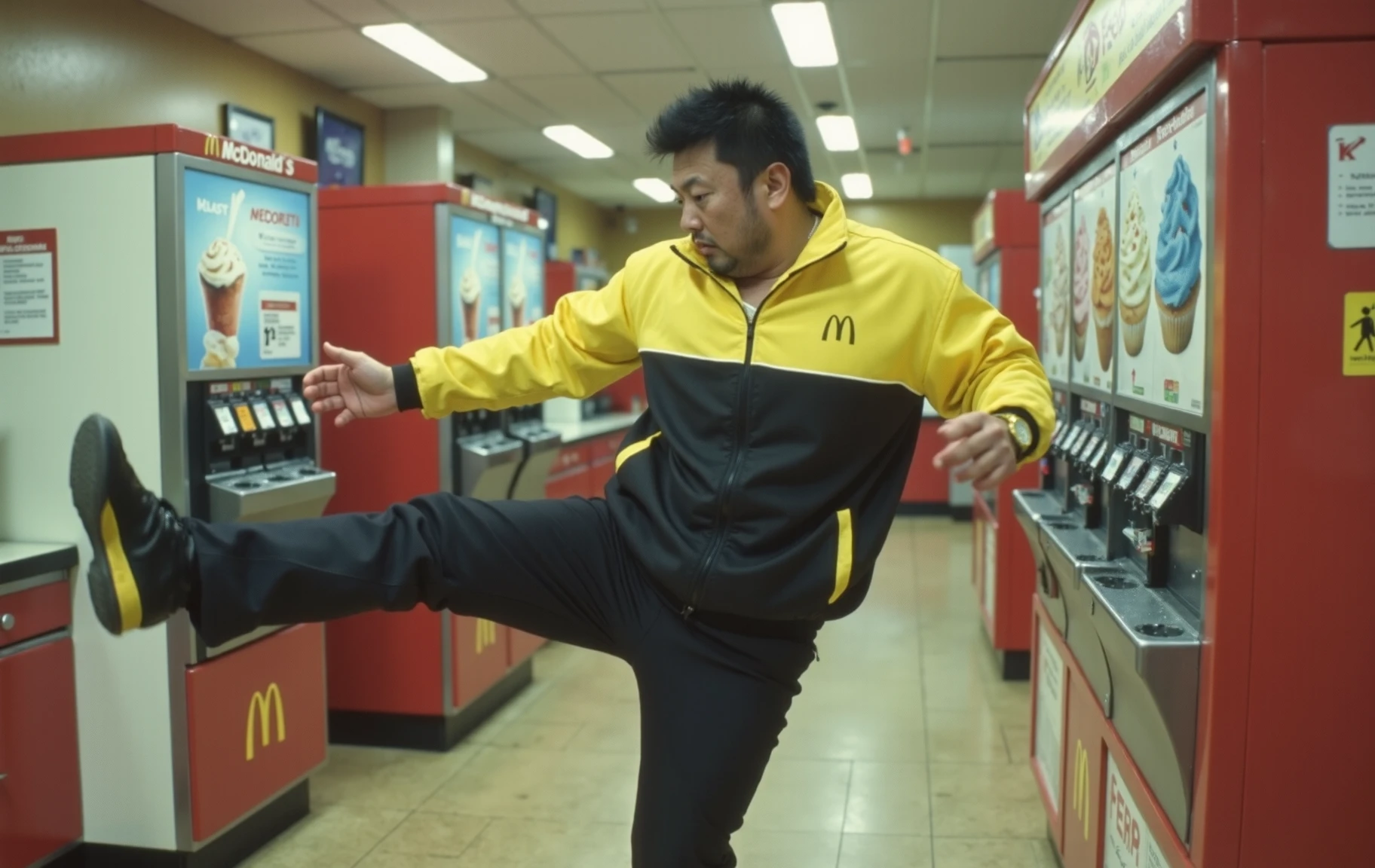 photo, enraged Toshiaki Kawada in a black and yellow entrance jacket is irate, so he kicks over the soft ice cream machine at McDonald's. , analog, Kodachrome