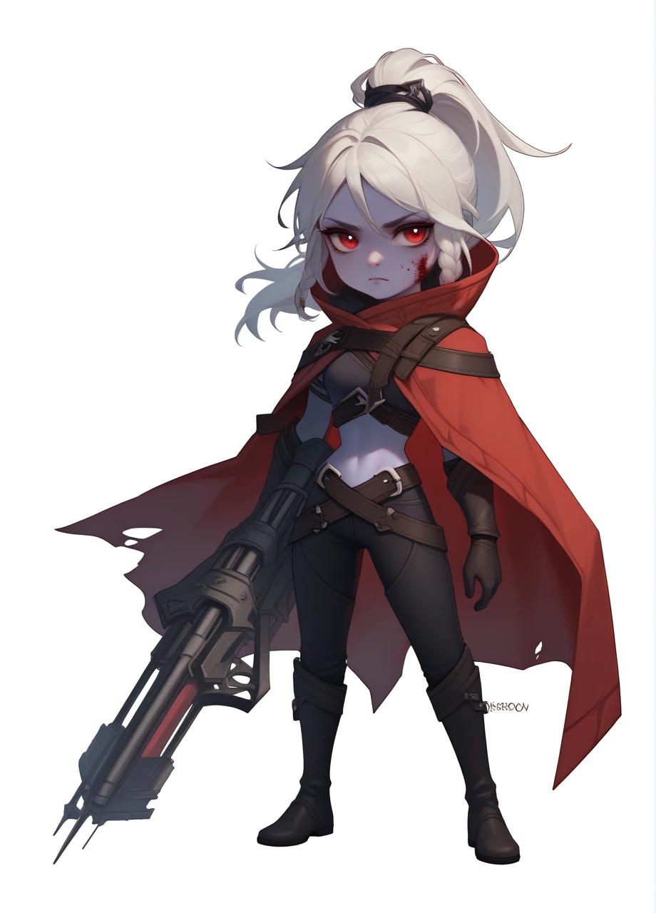 1girl, solo, full body, chibi, white background, holding crossbow, arcdrow, colored skin, white hair, ponytail, red eyes, braided sidelocks, blood on face, red cape, midriff, pants, gloves, crossed belts <lora:DotA_DrowRanger-PONY:0.8>, score_9, score_8_up, score_7_up, score_6_up,