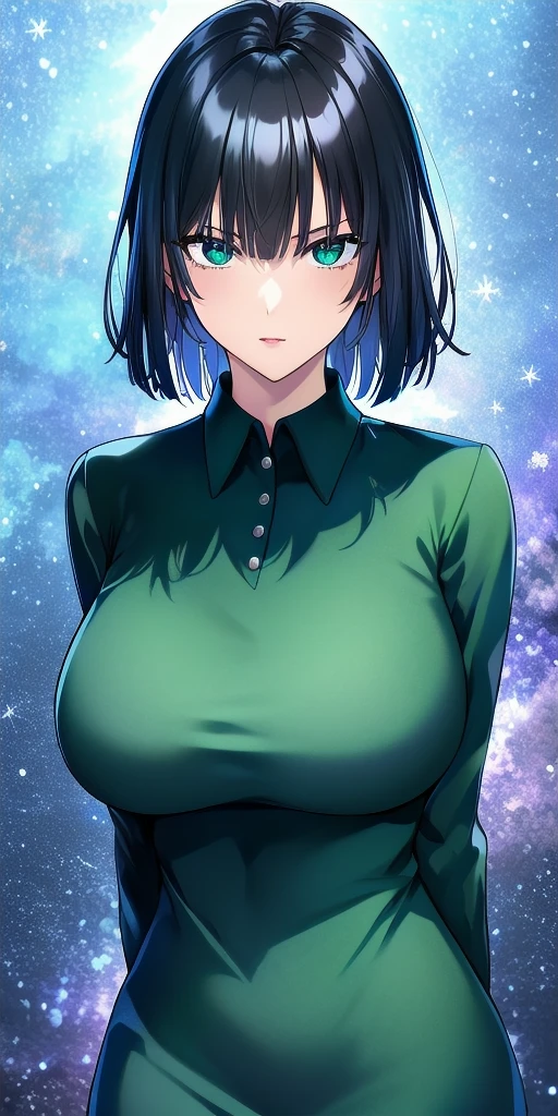 <lora:FubukiV3:0.7> fubuki_bob_cut, huge_breasts, standing, solo, arms_behind_back, starry_sky, green_collared_dress_wing_collar_long_sleeves, masterpiece, best_quality, detailed_face, detailed_eyes, highres, beautiful, detailed, absurdres,