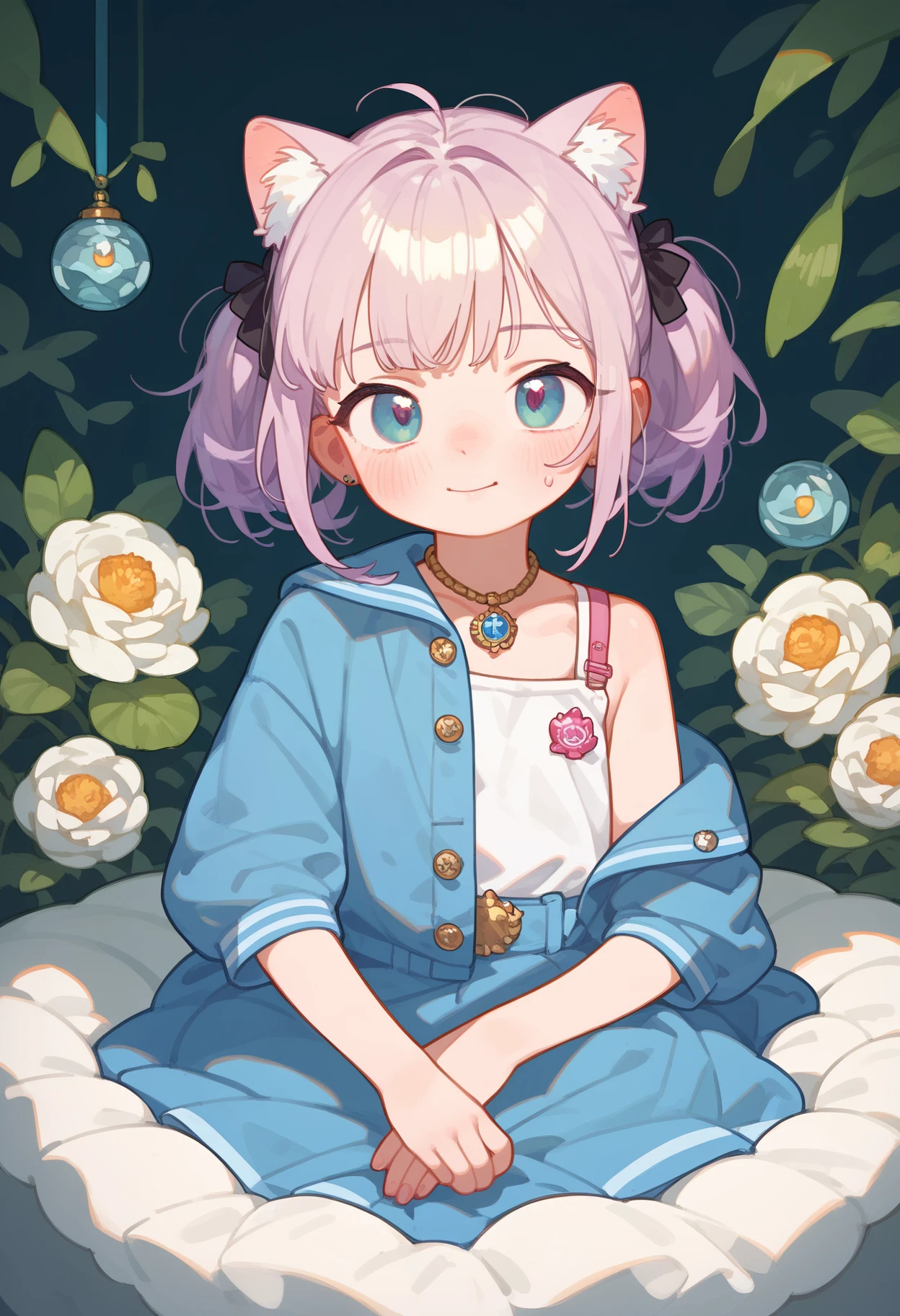 (masterpiece、top-quality)、flowers background、Loli alone、Sentimental、white clothes、frilld、lightblue hair、bare-legged、Cat's ears