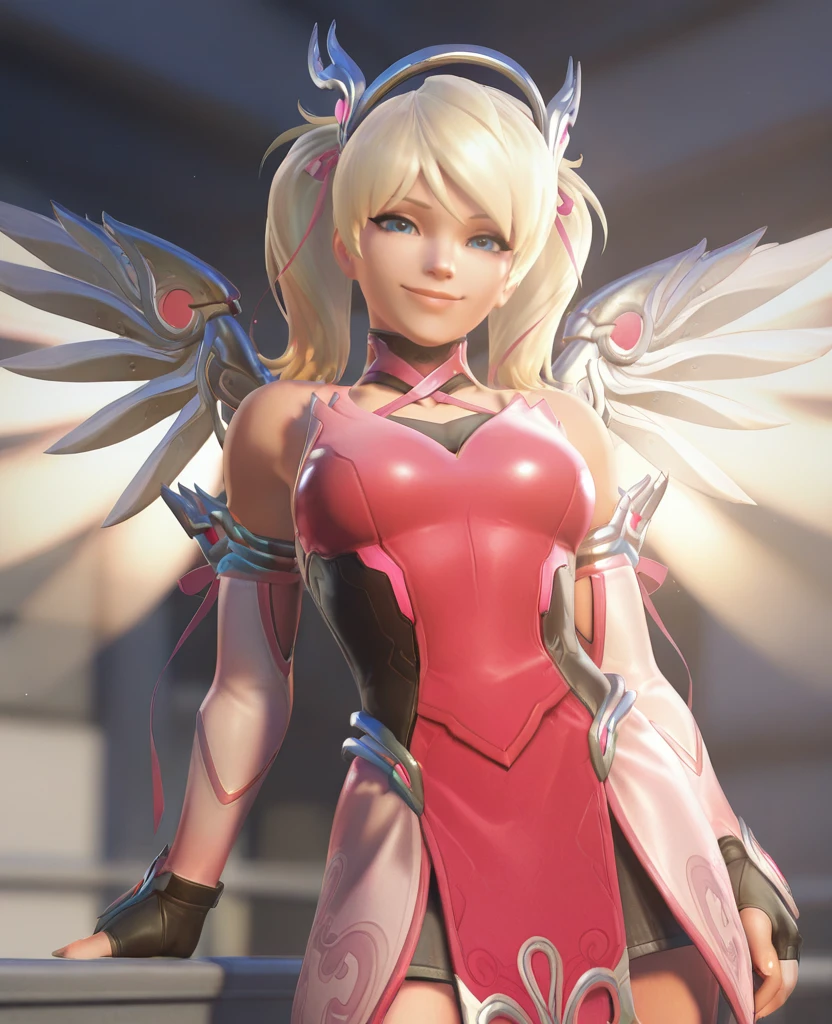 masterpiece, best quality, amazing quality, absurdres, highres, colorful, dynamic lighting, 3d, realistic,  <lora:Pink_Mercy_Illustrious_Ult:0.8>, pkmercy, 1girl, breasts, blue eyes, short hair, blonde hair, fingerless gloves, elbow gloves, hair ribbon, bare shoulders, twintails, mechanical halo,  pink dress, pelvic curtain, looking at viewer, smile,