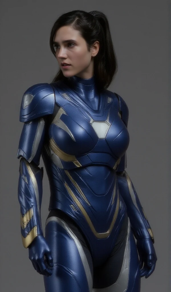 <lora:Pepper Pott Rescue Armor:0.9> marion silver, 1girl, black hair, realistic, full body, wears a  blue and gold pepper potts rescue armor.  <lora:Marion_Silver:0.9>