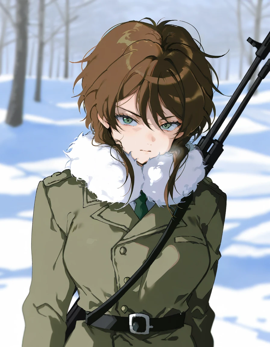 masterpiece, best quality, amazing quality, very aesthetic, absurdres, ot0m, as0, nonoyama, 1girl, military winter uniform, white fluffy neck pillow, gun on back, sniper rifle, serious, green eyes, brown sidelocks hair, looking at viewer, pathos scene, masterpiece, best quality, amazing quality, very aesthetic, absurdres, surreal night forest, winter, scenery, <lora:OtaKingMondayAshlinNoobaXL32v1.7tx1-000013:0.9>