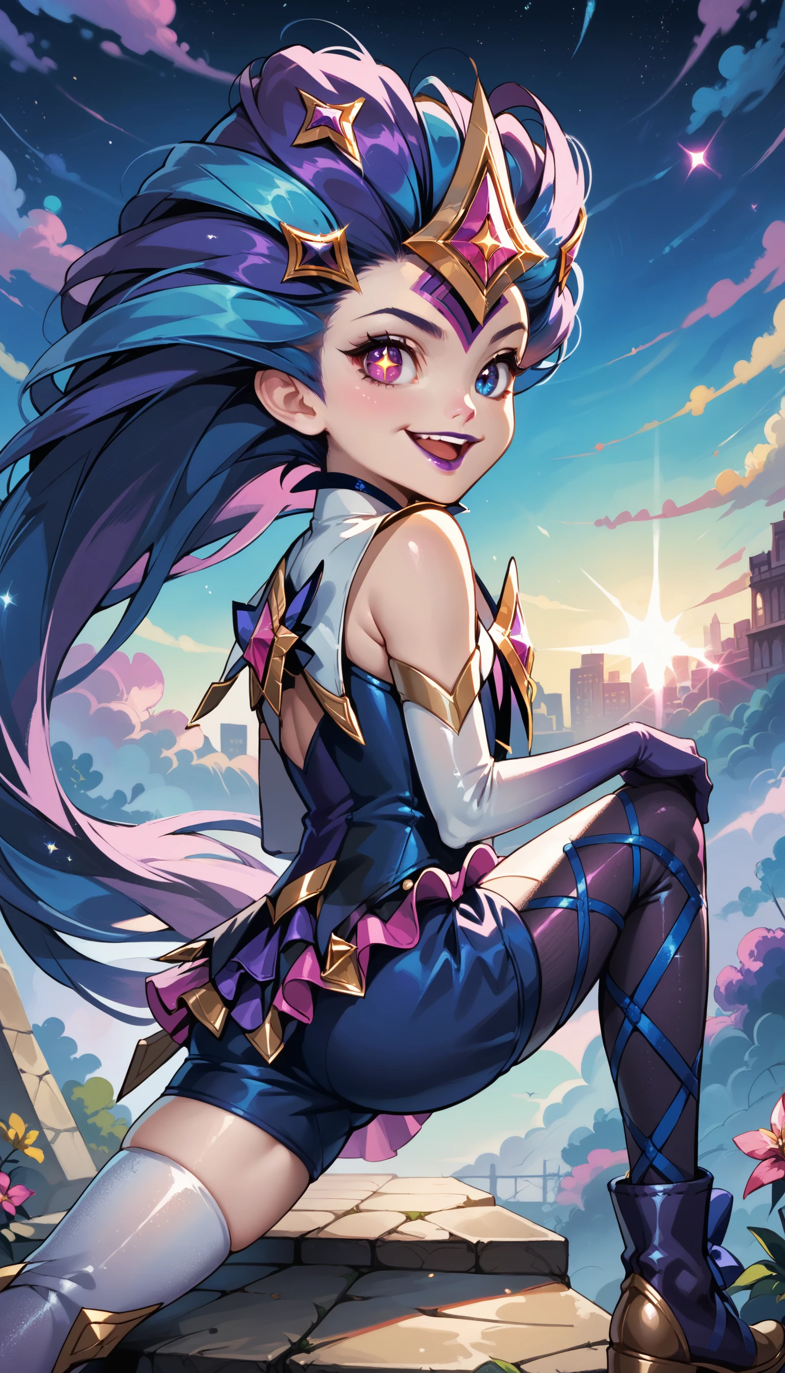 score_9, score_8_up, score_7_up, star guardian zoe, 1girl, solo, star guardian (league of legends), bow, small breasts, heterochromia, blue eye, pink eye, star-shaped pupils, (asymmetrical legwear, mismatched legwear, single leg pantyhose, single thighhigh), multicolored long hair, purple and blue hair, hair ornament, gem, bodysuit, frills, blue shorts, gradient elbow gloves, purple lipstick, flat shoes,  smile, open mouth, outdoors, sky, teeth, 
(from behind), (taking a knee),