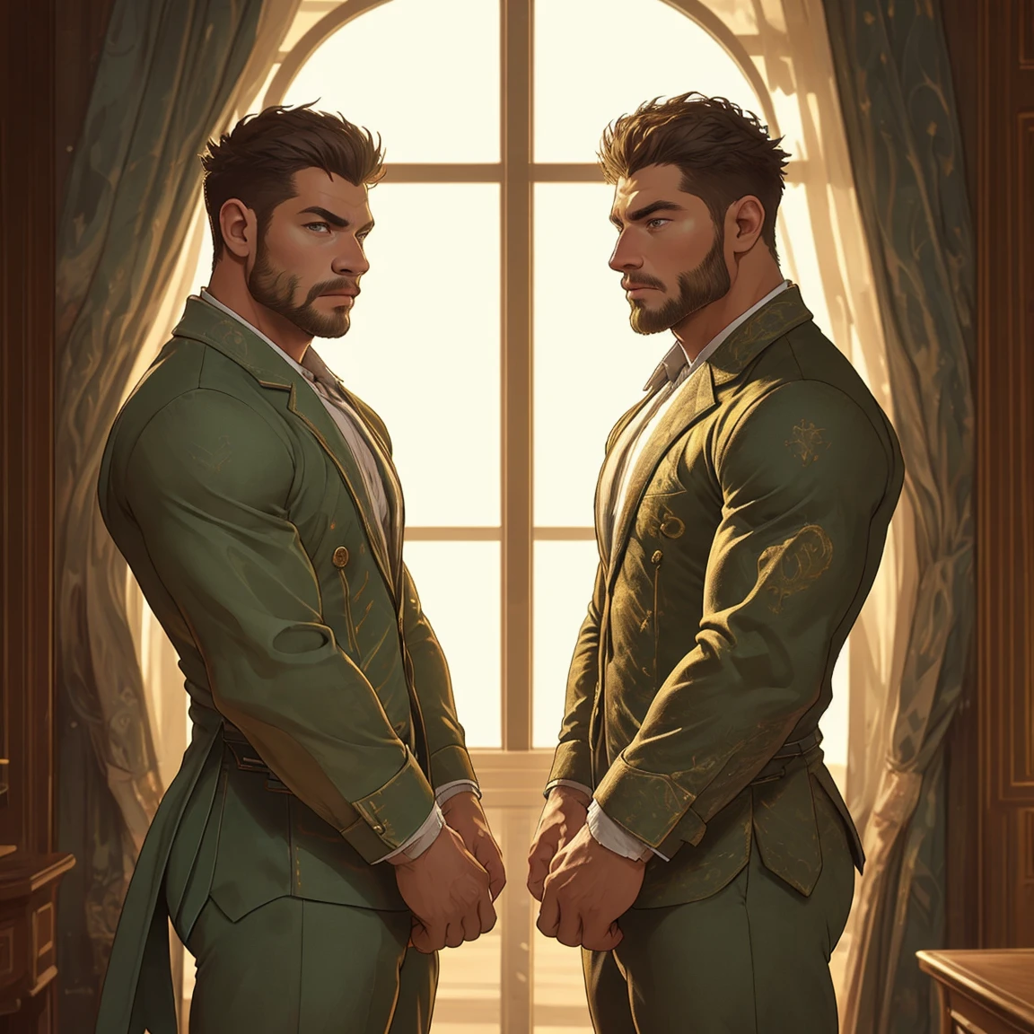 realistic, 8K, masterpiece, high details, high quality, (realistic:1.1), ultra quality, highly detailed, ultra HD, ultra quality, elegant, highly detailed, ultra realistic, photograph, male twins, side by side, green and yellow,  <lora:GeminiSign:0.66>