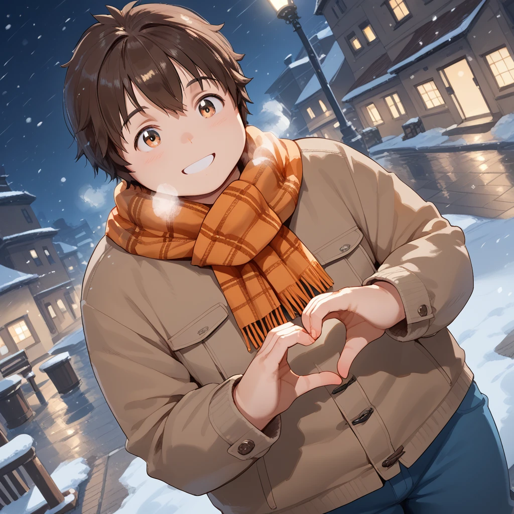 score_9, score_8_up, score_7_up, score_6_up, <lora:yuzuki_epoch_7:0.8> ihdyuzuki, 1boy, plump, solo, winter brown clothes, orange plaid scarf, blue pants, looking up, snowing, dutch angle, night, city light, smile, breath, heart hands, 
 <lora:Expressive_H:0.7> Expressiveh <lora:add-detail-xl:1>