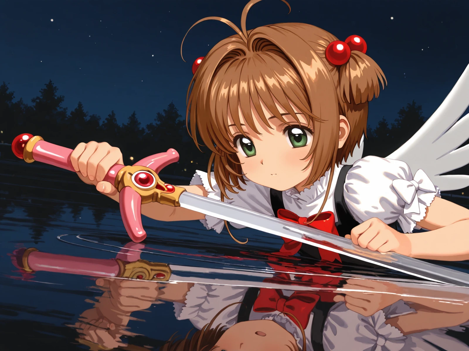 1 girl,kinomoto sakura,
masterpiece, best_quality,general,oil painting,High Saturation,
Beautiful glassy green eyes,Slender,Cool,Ready her simple sword, Metallic luster,night,Battle Effects,Specular Reflection,