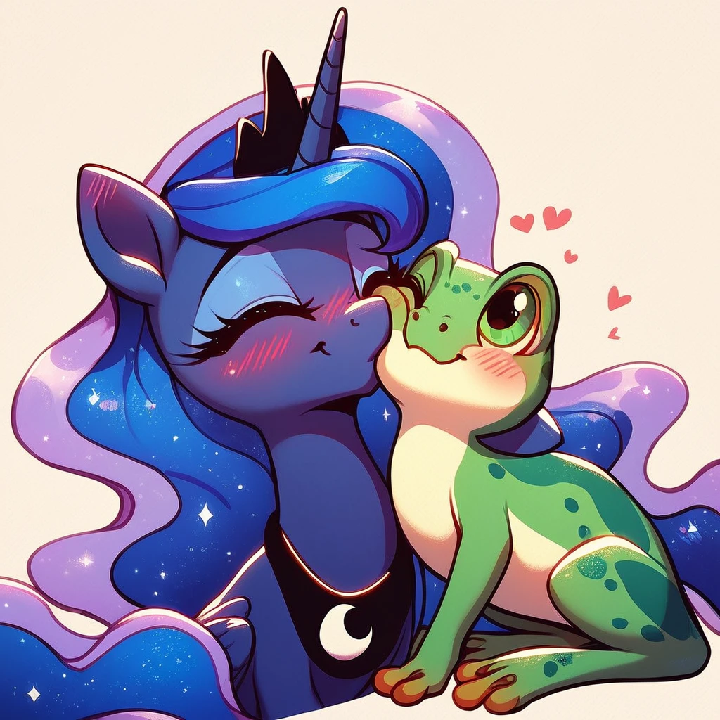 score_9_up, score_8_up, score_7_up, score_6_up, score_5_up, frog, cheek kiss, kissing cheek, princess luna, cute, source_pony, masterpiece, eyes closed, [smile],  blush