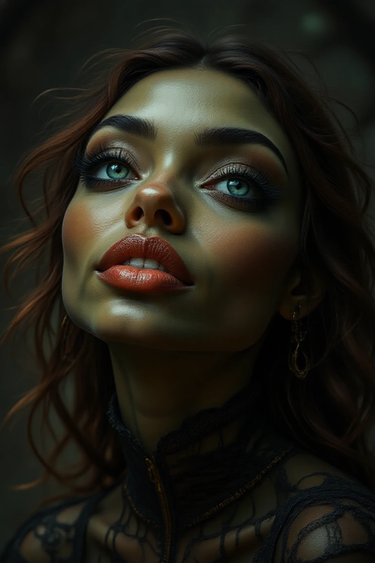 Spooky Art Drawing. Frontal photo of very beautiful black woman, perfect blue eyes, plump red lips, beautiful makeup, black background, soft side light, high detail, masterpiece of photography,goblin woman