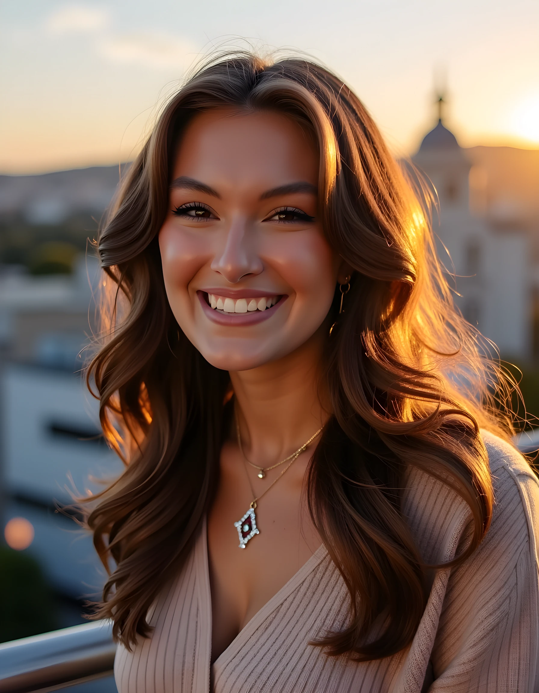 A close-up portrait, shot from a low angle, captures R4CH3LP - a woman with cascading brown hair and a captivating smile revealing brilliant white teeth. She's adorned in a simple yet elegant sweater and well-fitted jeans, accentuated by intricate jewelry that glimmers under soft, warm, golden hour lighting. The background is a blurred, vibrant cityscape at twilight, with the setting sun casting an ethereal glow on her expressive face, exuding an aura of confident grace and serenity.