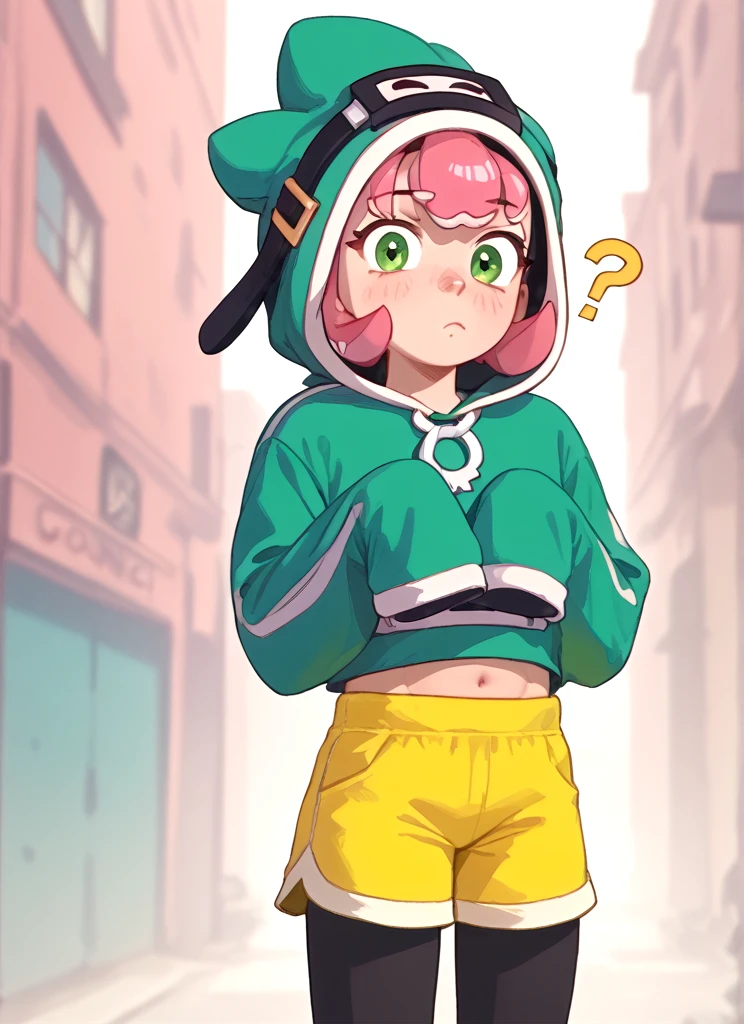 Score_9, Score_8_up, Score_7_up , perfect face ,<lora:tcbonnie:1>  tcbonnie    , 1girl, pink hair, hood , green hoodie, yellow shorts ,black leggings  , confused, looking at viewer,   <lora:PossumMachine:0.9>posmach