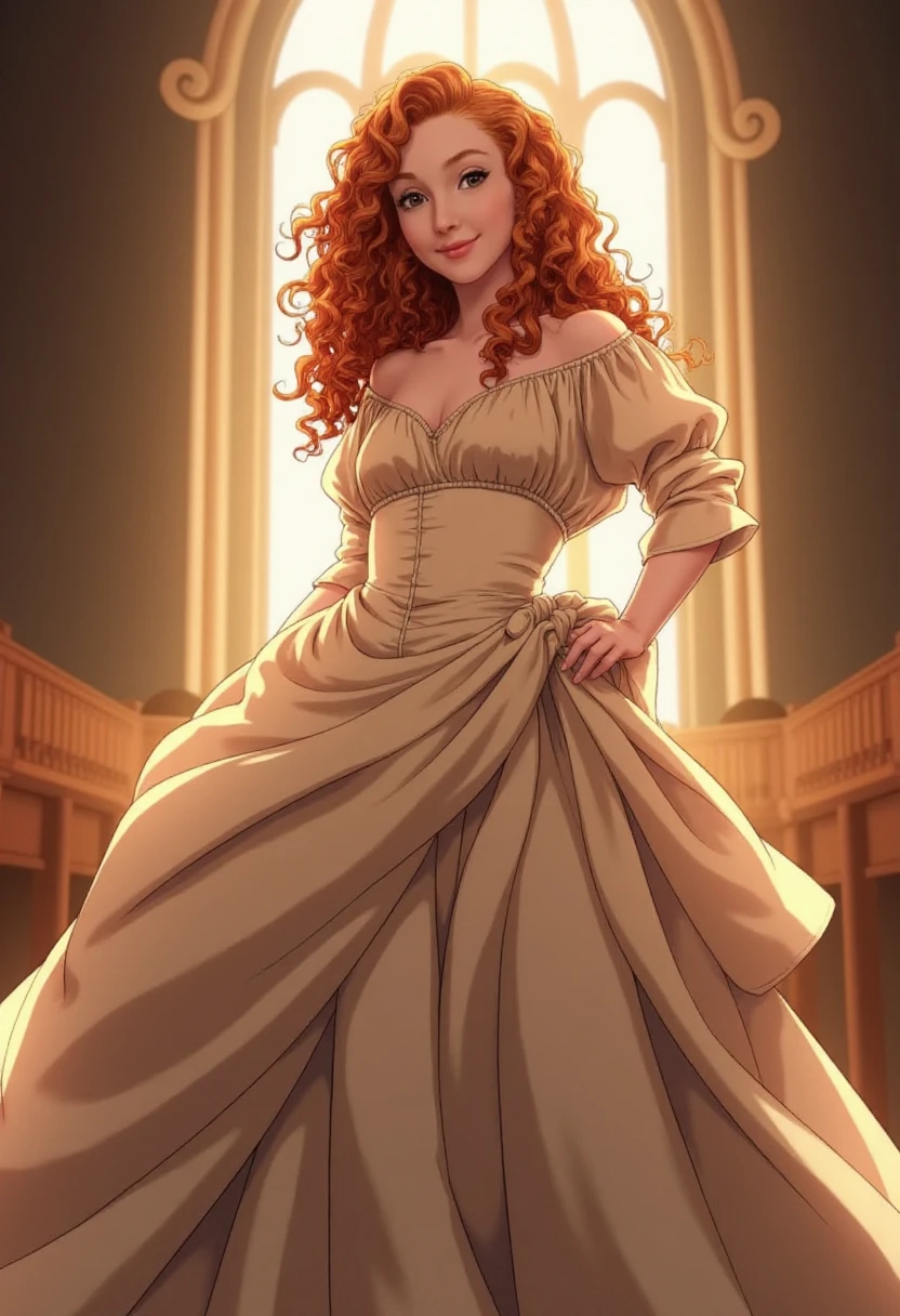 anime artwork of a beautiful woman wearing a rococo massive ballgown made of ruched satin in a cathedral. she has curly ginger hair. She is smiling <lora:Person_BikiniIfrit-FLUX:1>