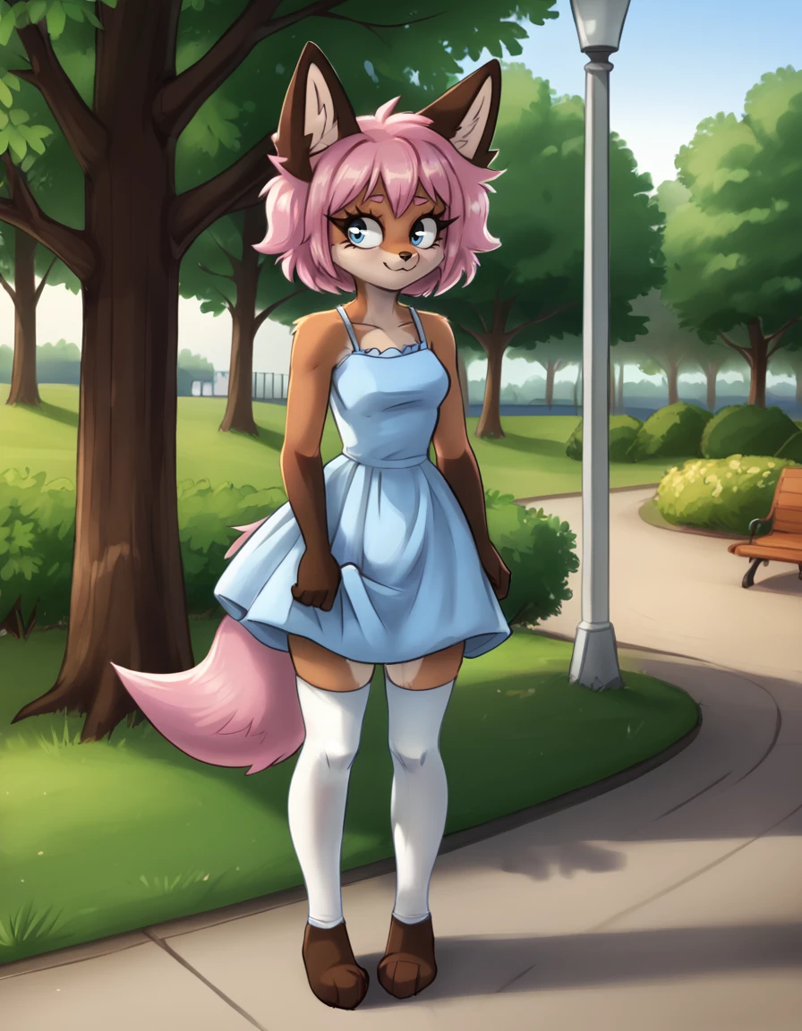 outdoors,park, 
Hazel,1girl,solo,fox girl,animal ears,pink hair,furry female,short hair,tail,blue eyes,nimal nose,body fur,pink fur,bangs,two-tone fur,fox ears,fox tail,sidelocks,
full body,seductive smile,long eyelashes,
sundress, white thighhighs, 
<lora:Hazel_v01_PDXL:1>,
<lora:add-detail-xl:1>,