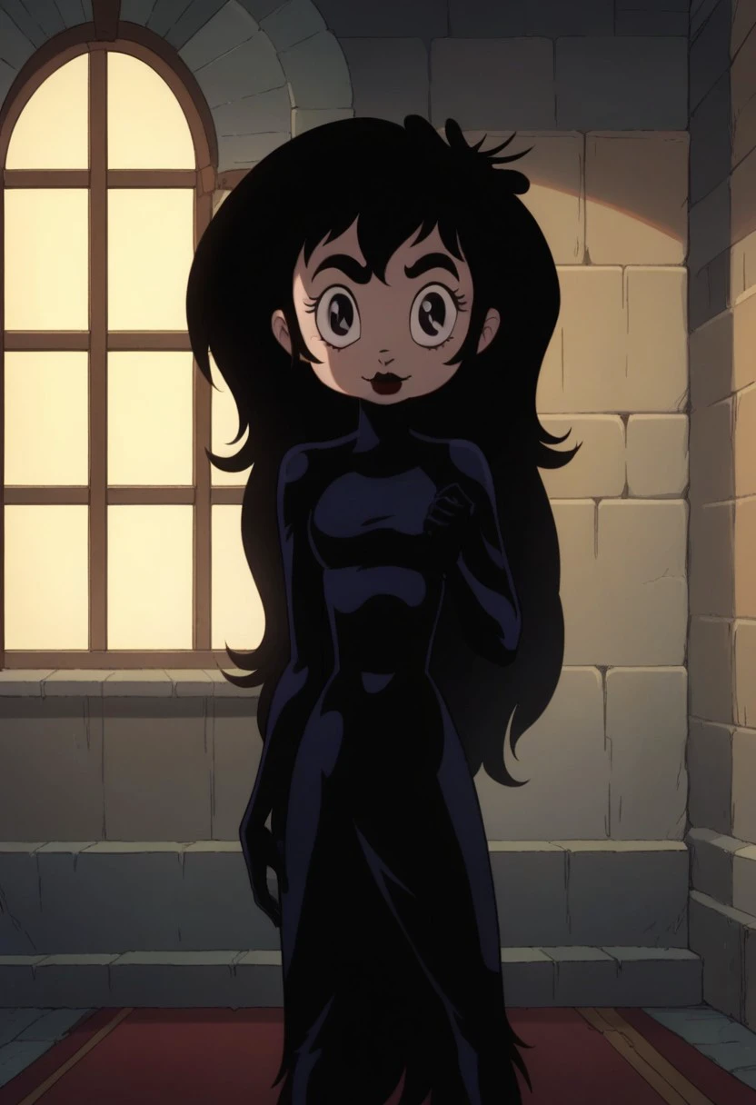 score_8, score_8_up, score_7_up, 1girl, female focus, solo, EmmaMelinda_UWE, fair skin, big eyes, black eyes, black eyebrows, long eyelashes, dark red lips, long wavy hair, black hair, pure black bodysuit , black boots, indoors, in a castle, window, smile, standing, looking at the viewer, front view, front pose