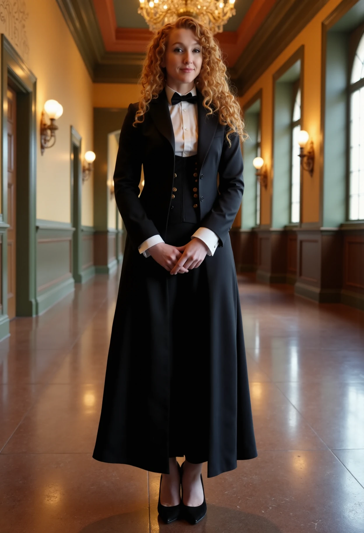 high resolution HDR photograph of a beautiful woman standing hands clasped in a grand hall. She is wearing a victorian butler outfit with a long tailcoat. It has a feminine quality, with a corsetted narrow waist and black pants with high heels.  She has curly ginger hair with dimples. She is smiling <lora:BIv1-000005:1>