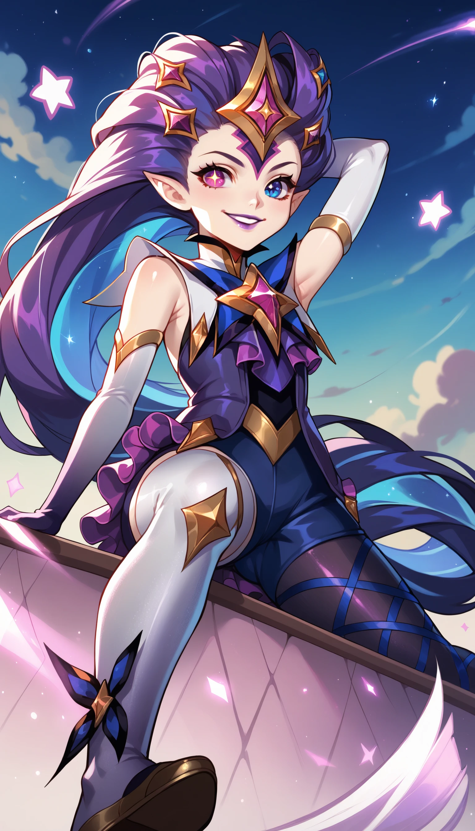 score_9, score_8_up, score_7_up, star guardian zoe, star guardian (league of legends), bow, small breasts, heterochromia, blue eye, pink eye, star-shaped pupils, (asymmetrical legwear, mismatched legwear, single leg pantyhose, single thighhigh), multicolored long hair, purple and blue hair, hair ornament, gem, bodysuit, frills, gradient elbow gloves, purple lips, flat shoes, looking at viewer, smile, pointy ears, armpits, star (symbol), arm up,