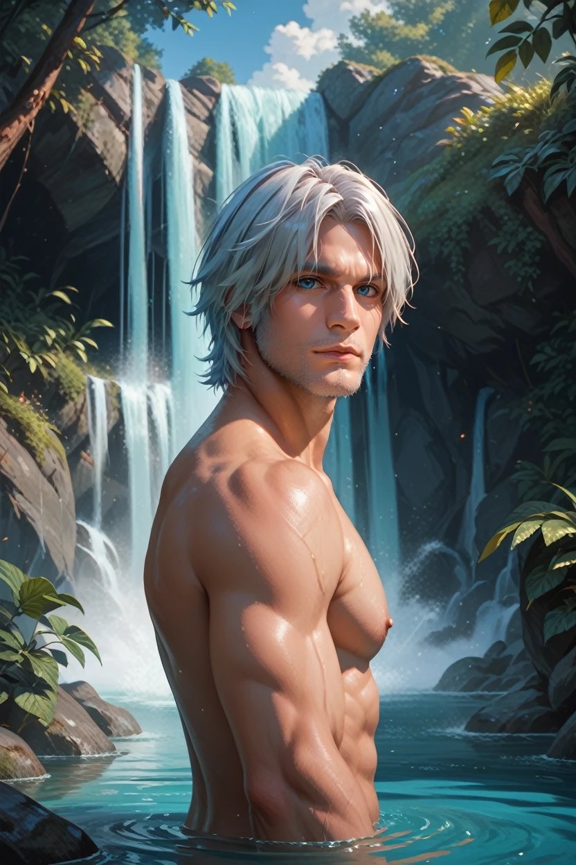 score_9, score_8_up, score_7_up, score_6_up
<lora:DMC5Dante:0.9>
DMC5Dante, 1boy, white hair, facial hair, blue eyes, looking at viewer, standing in front of a waterfall, shirtless, water mist in the air, strong and athletic build, powerful natural surroundings, sunlight breaking through the trees