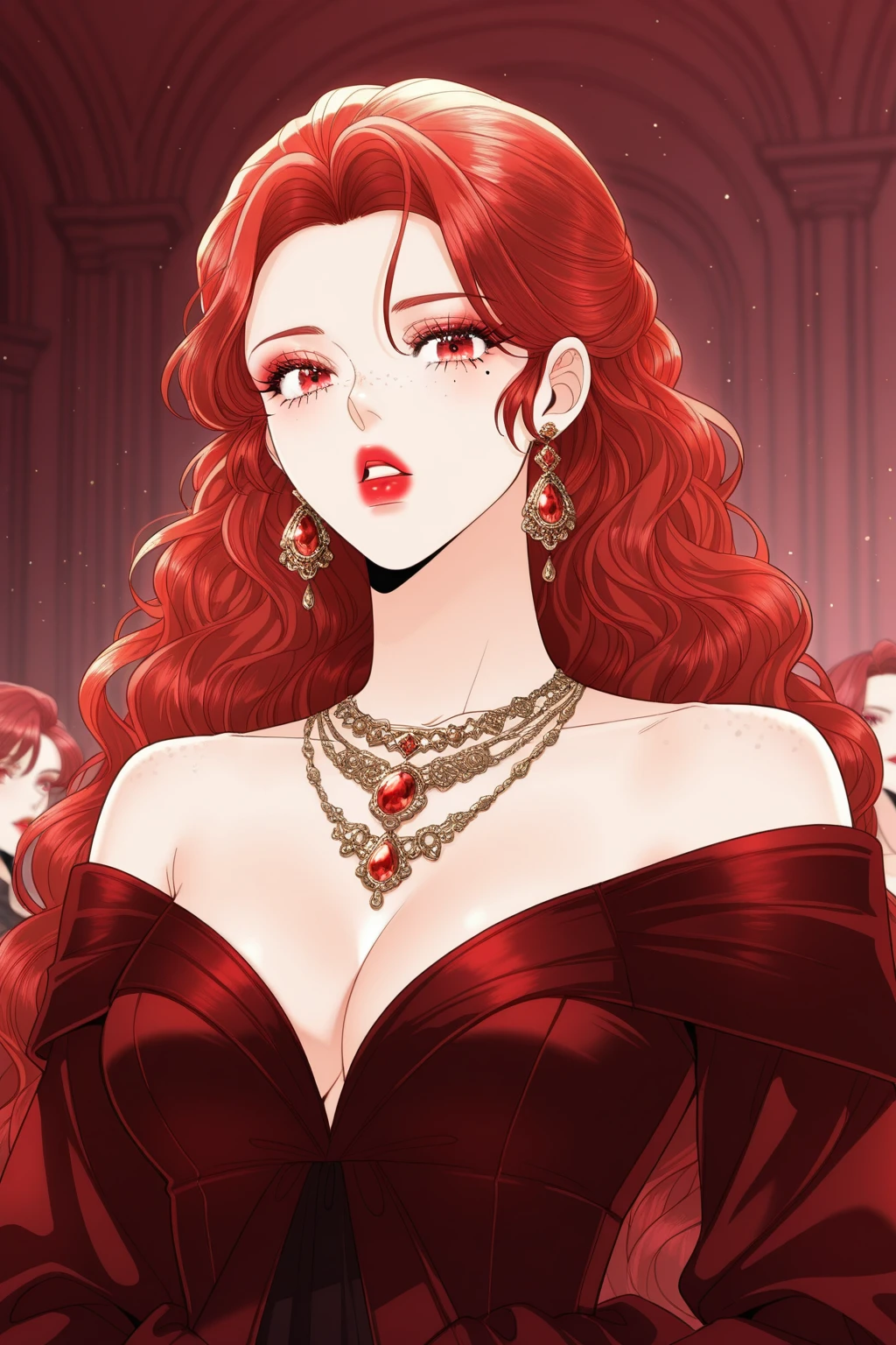 masterpiece, high quality, <lora:Lerajie:0.9>, Lerajie, 1girl, solo, solo focus, upper body, long hair, red hair, red eyes, dress, red dress, bare shoulders, jewelry, cleavage