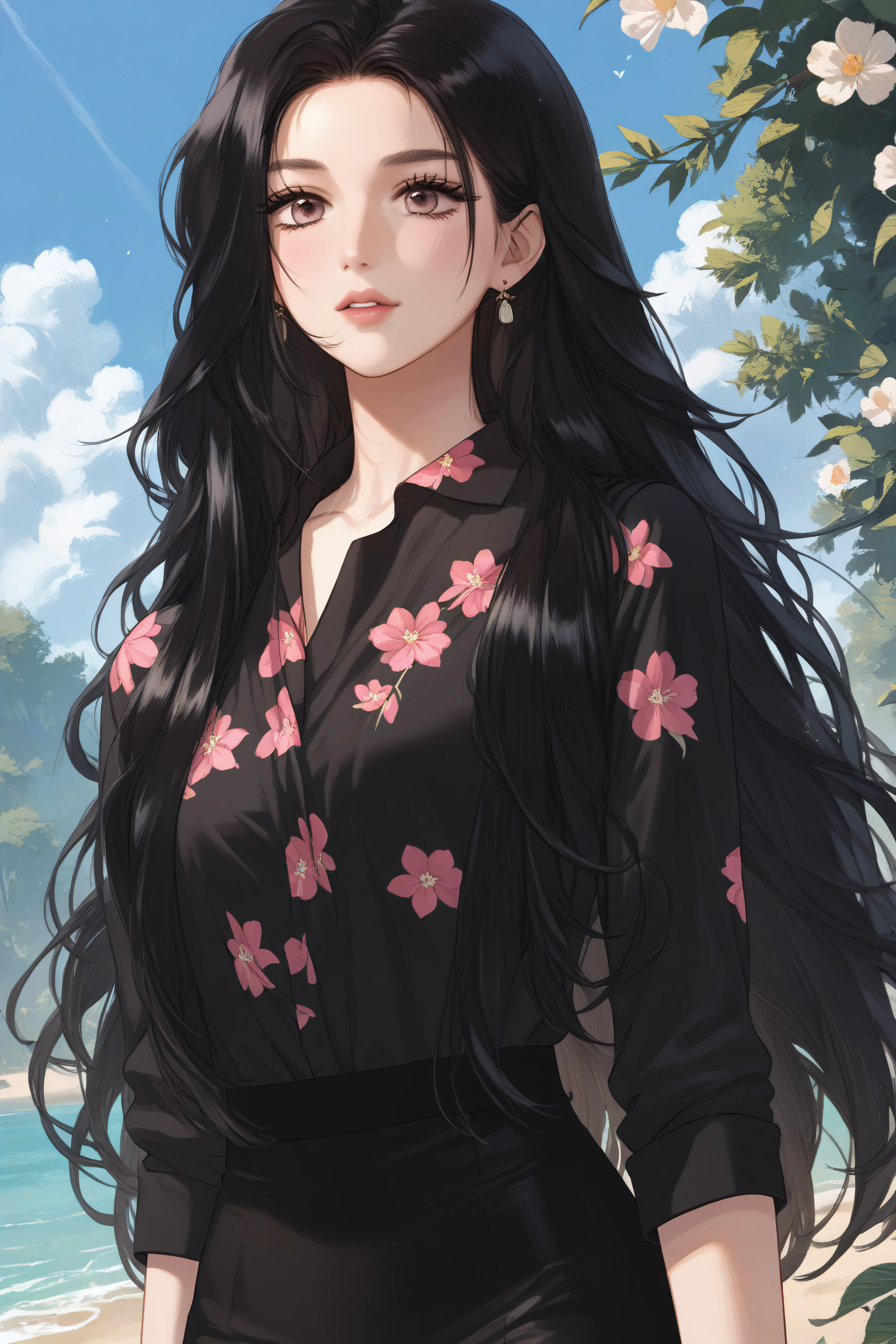 score_9, score_8_up, score_7_up, score_6_up, source_anime, BREAK, <lora:Zheng Shuyi-PonyXL-lora-Faxtron:1> zheng shuyi, black hair, long hair, black shirt, black skirt, floral print,