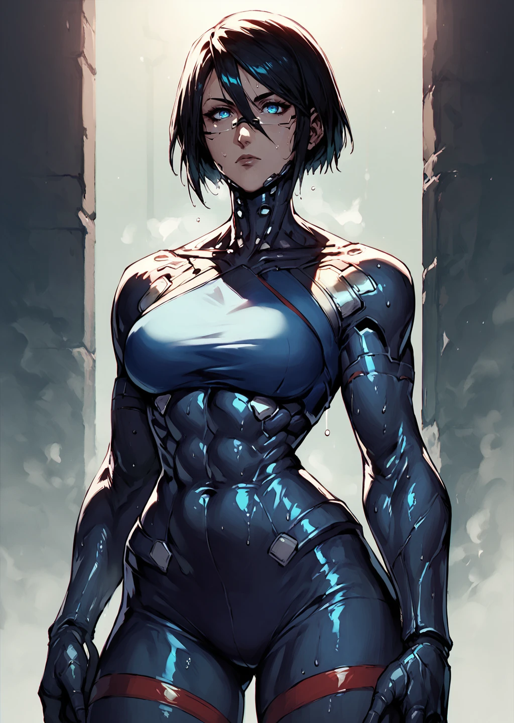 photo of mlp Meowko, RAW, beautiful woman, ((portrait)), ((detailed face:1.2)), ((anime face, anime facial feature, clear skin, glossy anime lips, clear skin), (short messy lesbian haircut, brunette: 1.55),  (perfect proportioned body, Strong, muscular, narrow waist, narrow hips, skinny, large breasts), (she wears a Fallout Tight Latex Blue Suit, wearing a blue vault suit from Fallout 4 with lots of details and slits, High detail leather), seductive expression, a nuclear wasteland background with scattered ruins, (realistic photo, best quality, detailed), (8k wallpaper), (cinematic lighting, mood light, (evening:1.3)) (sharp focus, intricate)