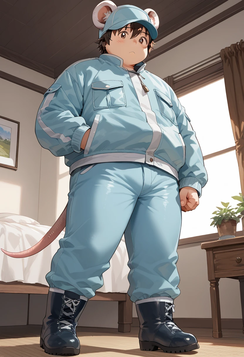 score_9, score_8_up, score_7_up, source_anime, <lora:yuzuki_epoch_7:0.8> ihdyuzuki, 1boy, plump, white mouse boy, solo focus, light-blue clothes, cap, jacket, pants, rubber boots, full body, indoors, from below,