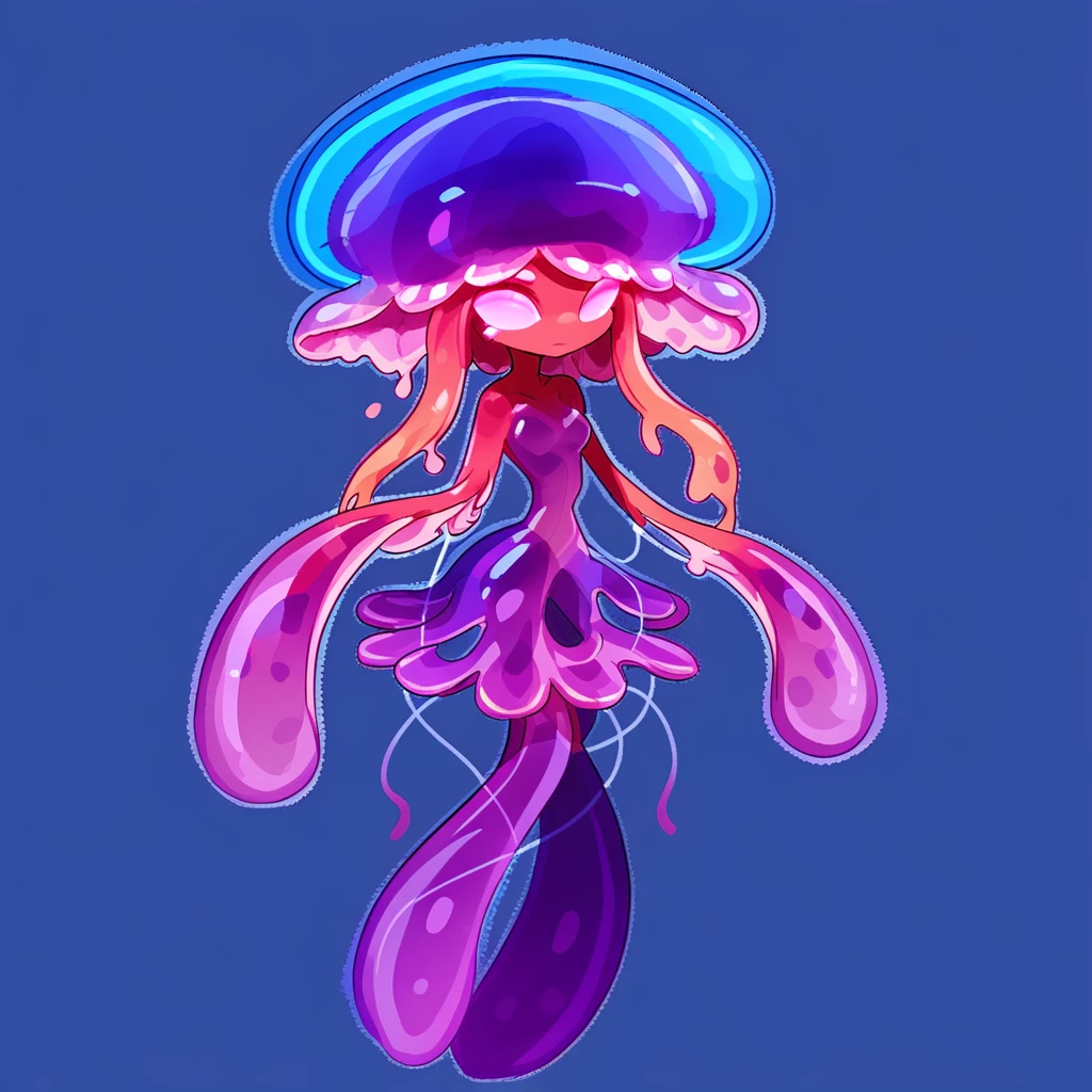 JellyGirl, blue theme, Purple Skin, orange tentacles, Pink eyes, White eyes, Purple Jelly, 1girl, food, jellyfish, red skin, transparent background