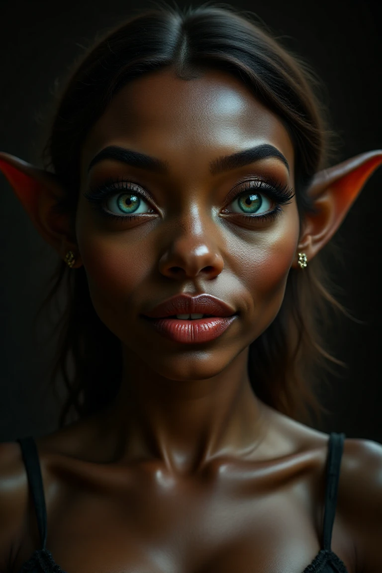 Frontal photo of very beautiful black woman, perfect blue eyes, plump red lips, beautiful makeup, black background, soft side light, high detail, masterpiece of photography,goblin woman