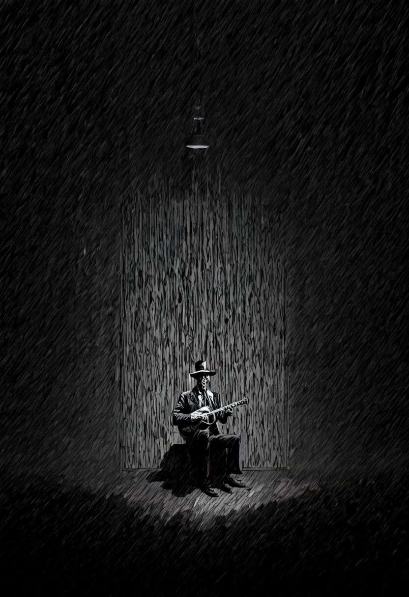 prohibition, robert Johnson, guitar, the man who sold his soul to the devil, evil shadow in the background, blues, crowdy and smocky alabama bar, graphic novels illustration, style by Gibrat, long vertical hatching, ink, dramatic lighting, moody black monochrome, D<lora:_CHY_Patouille:-3.5>