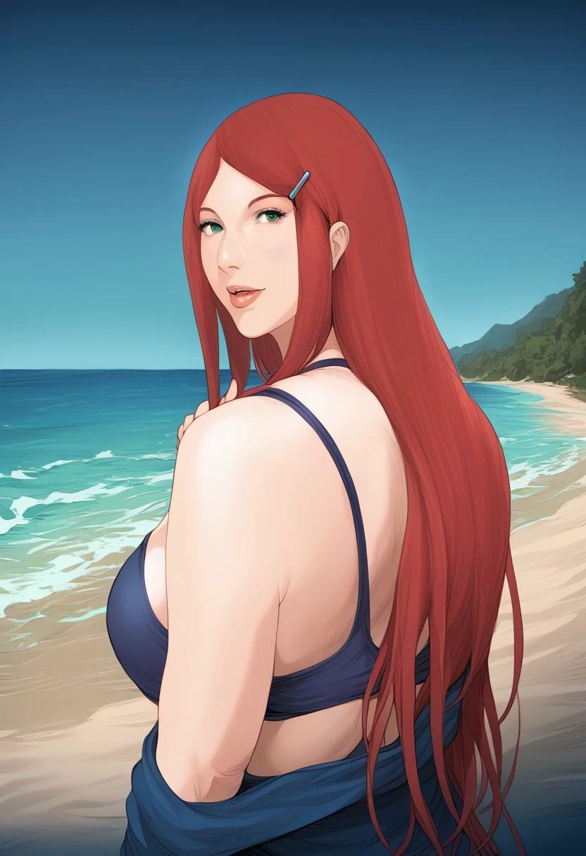 core_9_up , score_8_up , score_9 , score_8 ,  ,  , ,  , background = beach , , photorealistic,
realistic, photorealistic, Kushina Uzumaki, Red hair, 1girl, Long hair, Straight hair, Side-parted hair, Long bangs, Vibrant red hair, Green eyes, single blue hairclip , single blue hairpin , single blue hair ornament ,