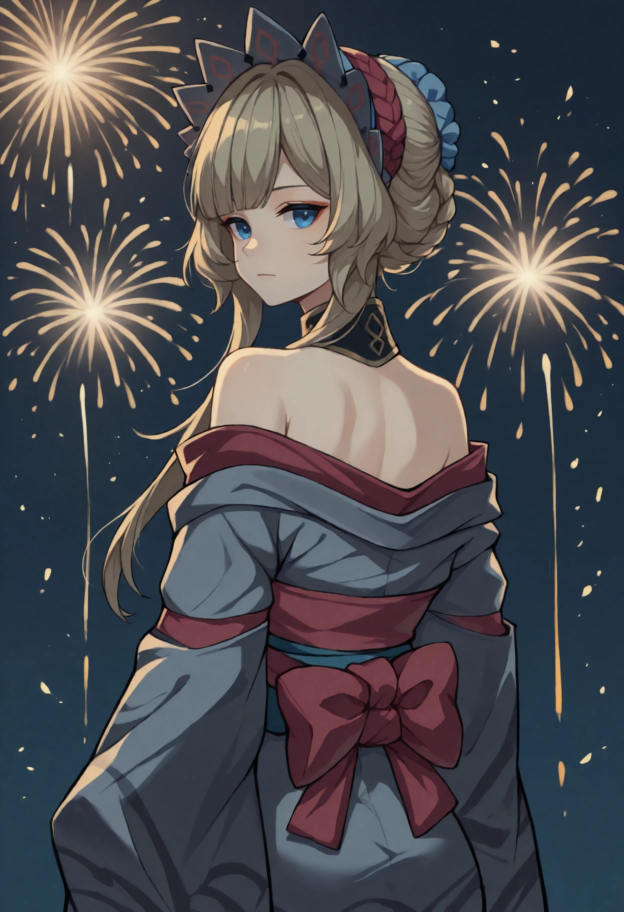 anime, masterpiece, best quality, <break> from behind, solo, 1girl, sandrone, expressionless, looking back, blonde hair, short hair with long locks, headdress, blue eyes, japanese clothes, grey kimono, off shoulder, sash, obi, bare shoulders, fireworks
<segment:yolo-Anzhc Face seg 640 v2 y8n.pt,0.4,0.5//cid=1>