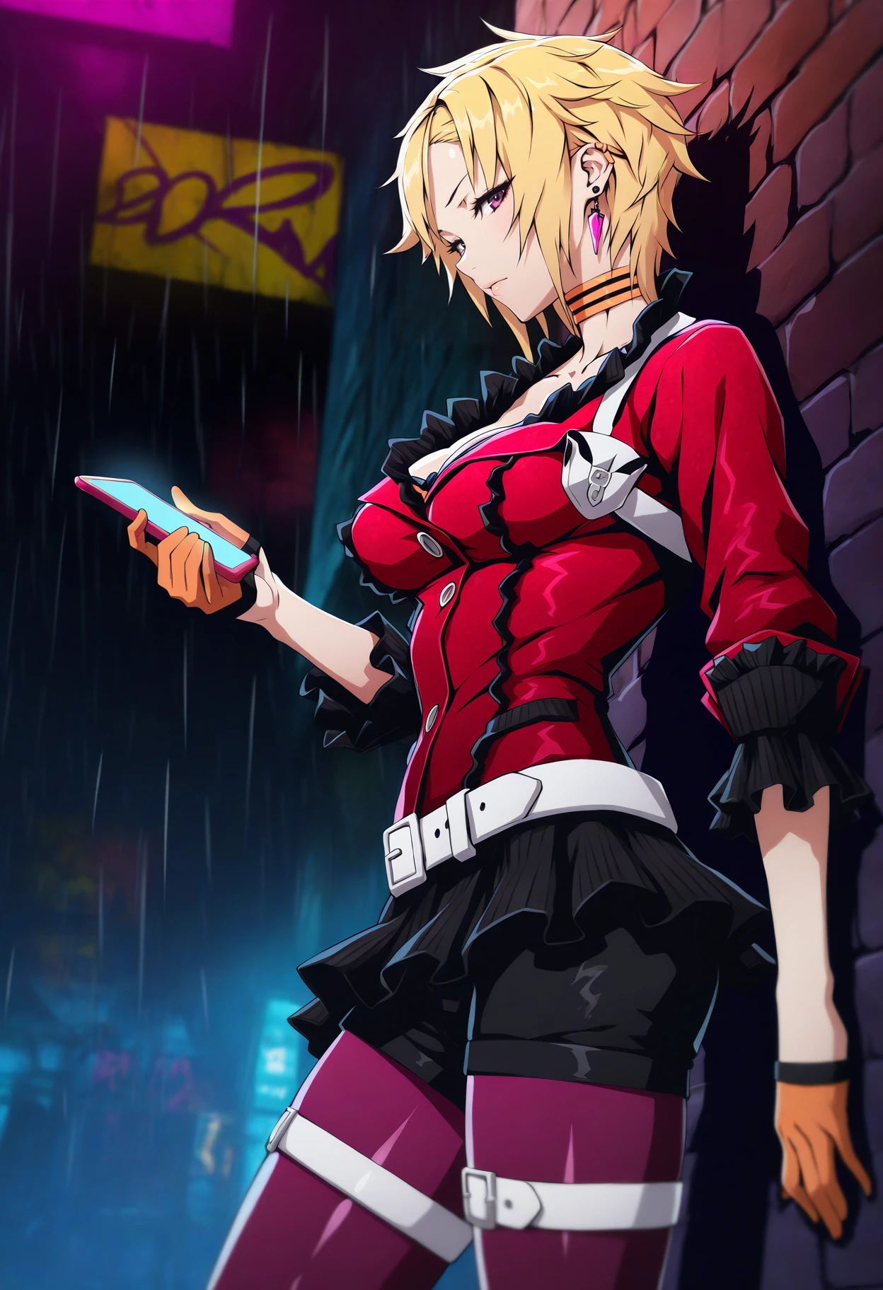 masterpiece, best quality, 1girl, solo, standing, against wall, holding phone, looking at viewer, from side, <lora:MiladySH2-illu:1> defMilady, blonde hair, short hair, purple eyes, earrings, choker, red jacket, medium breasts, collarbone, frills, frilled sleeves, orange gloves, half gloves, white belt, black skirt, black shorts, thigh strap, purple pantyhose, alley, city, graffiti, rain, brick wall