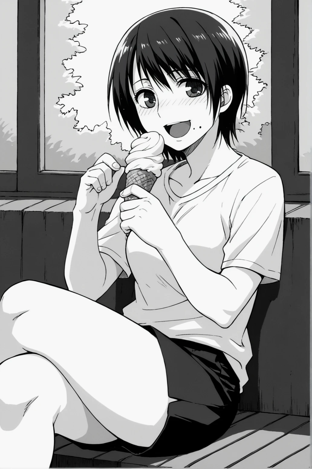 score_9, score_8_up, score_7_up, monochrome, manga_source, best background, detailed background, manga, grayscale Haruka, blush, smile, open mouth, shirt, sitting, crossed legs, eating ice cream, <lora:JN_Haruka:0.8>