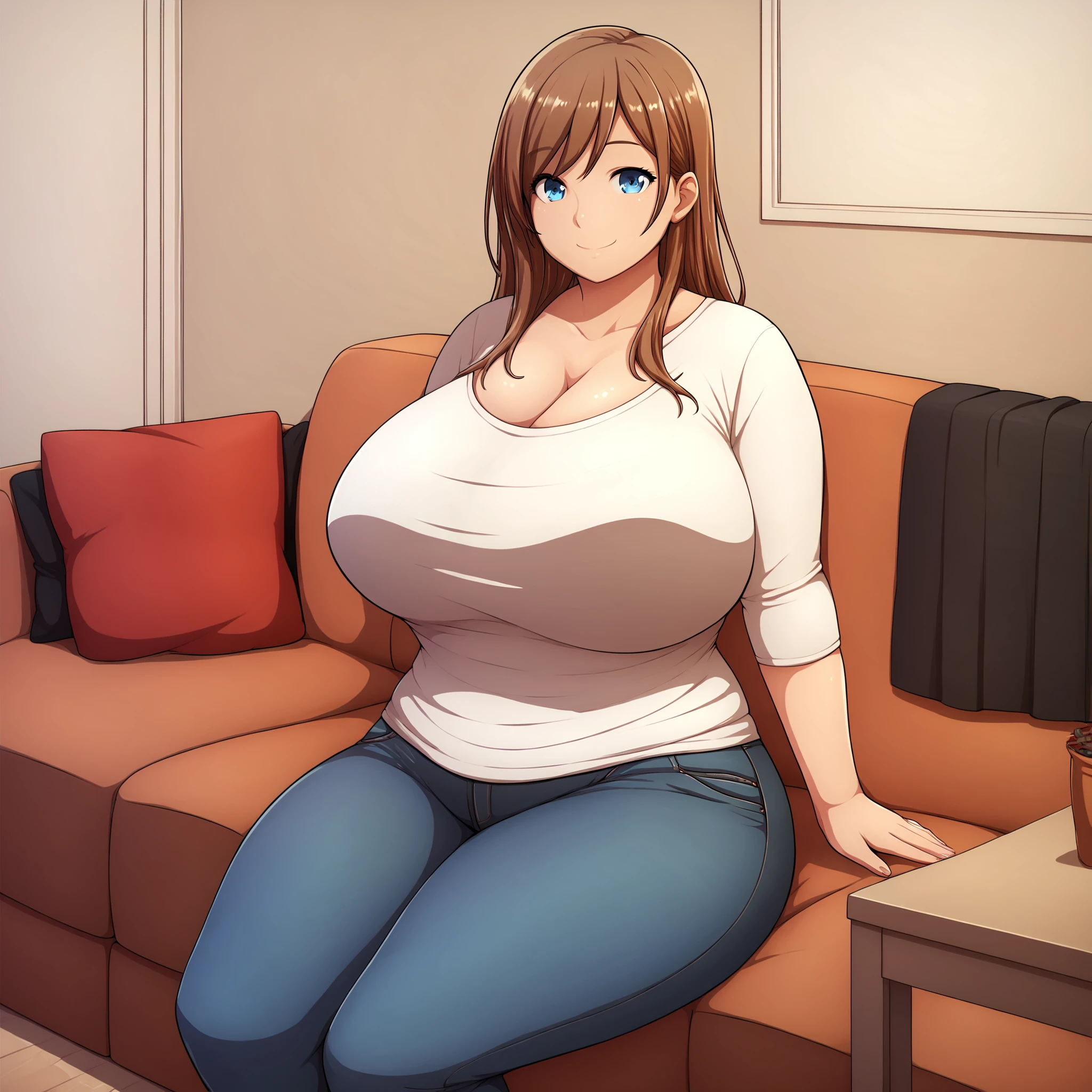 (masterpiece), best quality, (highly detailed), score_9, score_8_up, score_7_up, score_6_up, score_5_up, 1female, <lora:Miramiraclerun_style:0.8>, sitting, sofa, jeans, shirt, brown hair, blue eyes, long hair, living room, standing, smile, huge breasts, skinny,