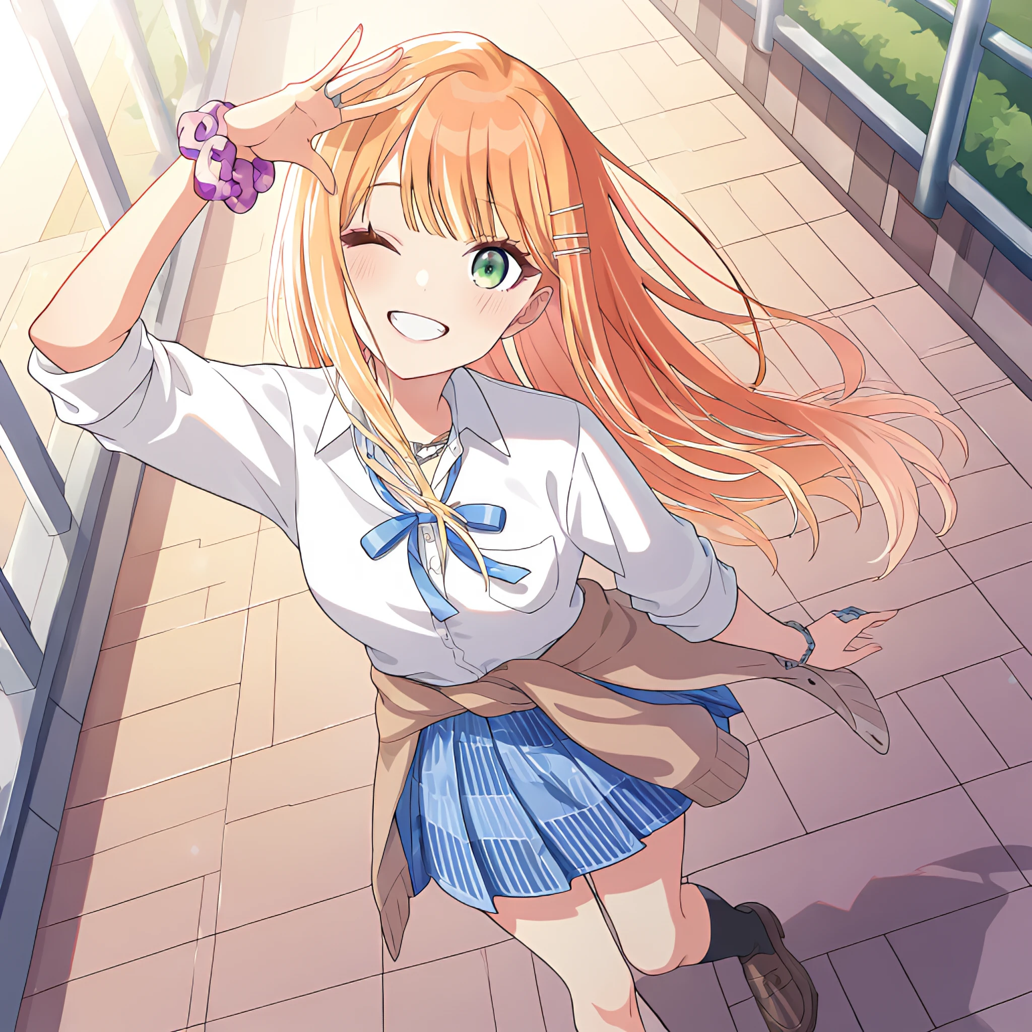 1girl, shiunsumika2, collared shirt, solo, grin, ring, looking at viewer, one eye closed, head tilt, sleeves rolled up, hatgakuen24 skirt, black kneehighs, necklace, wrist scrunchie, arm up, sweater around waist, rinahim3 neck ribbon, loafers, standing, smika2 hairclip, bracelet,

outdoors,school,

masterpiece, best quality, newest, absurdres, highres, nsfw,