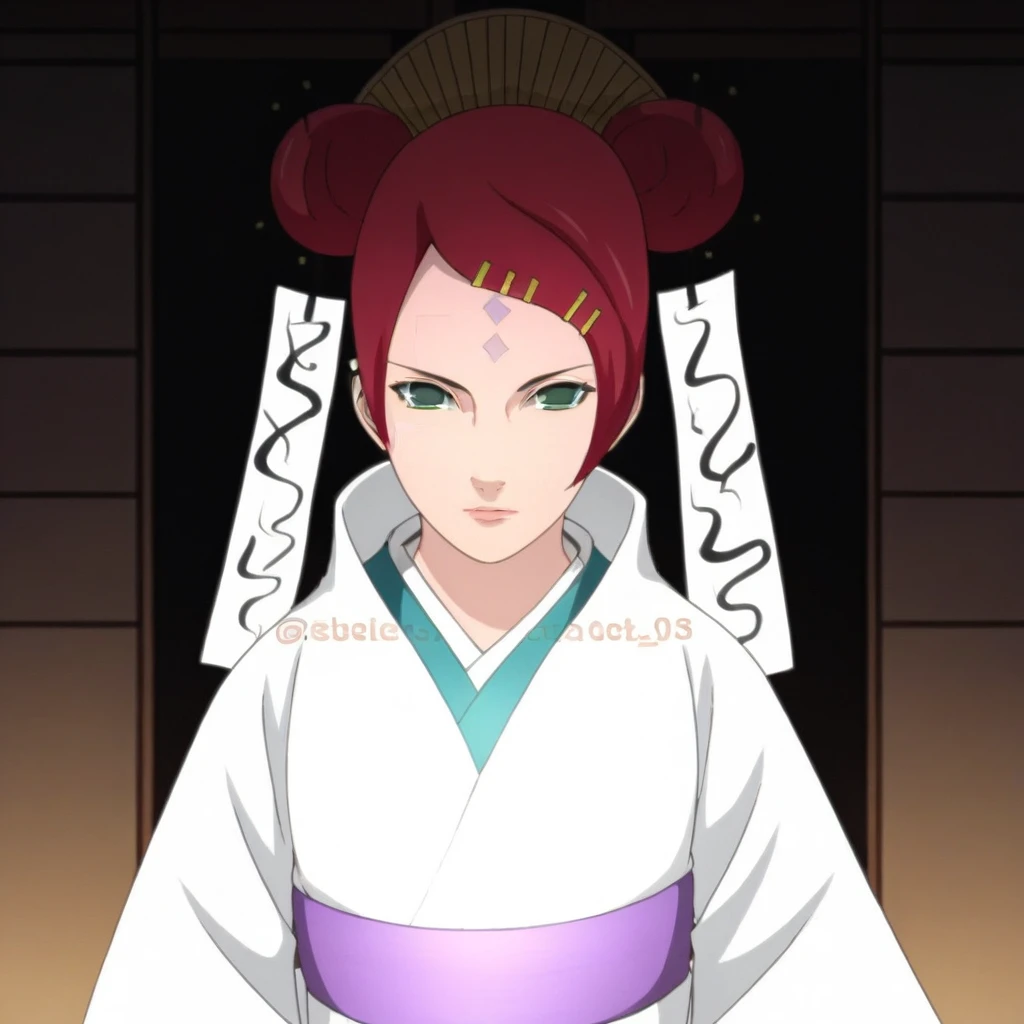 1 woman, green eyes, hair bun, solo, hairclip, red hair, 2 red hair buns, black eyes, 1girl, kimono, facial mark, double bun, japanese clothes, hair ornament, looking at viewer