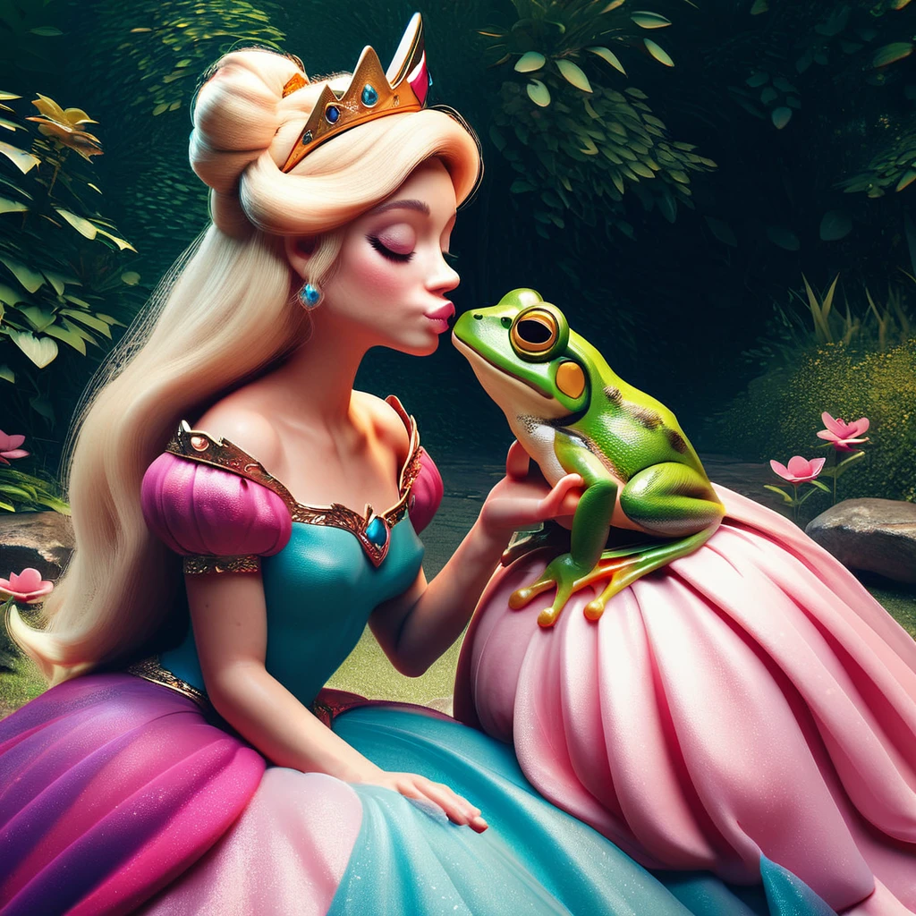 score_9_up,score_8_up,score_7_up,score_6_up, score_5_up, frog, kiss, princess, princess dress, eyes closed, imminent kiss, puckered lips, masterpiece, 4k, high quality, princess dress