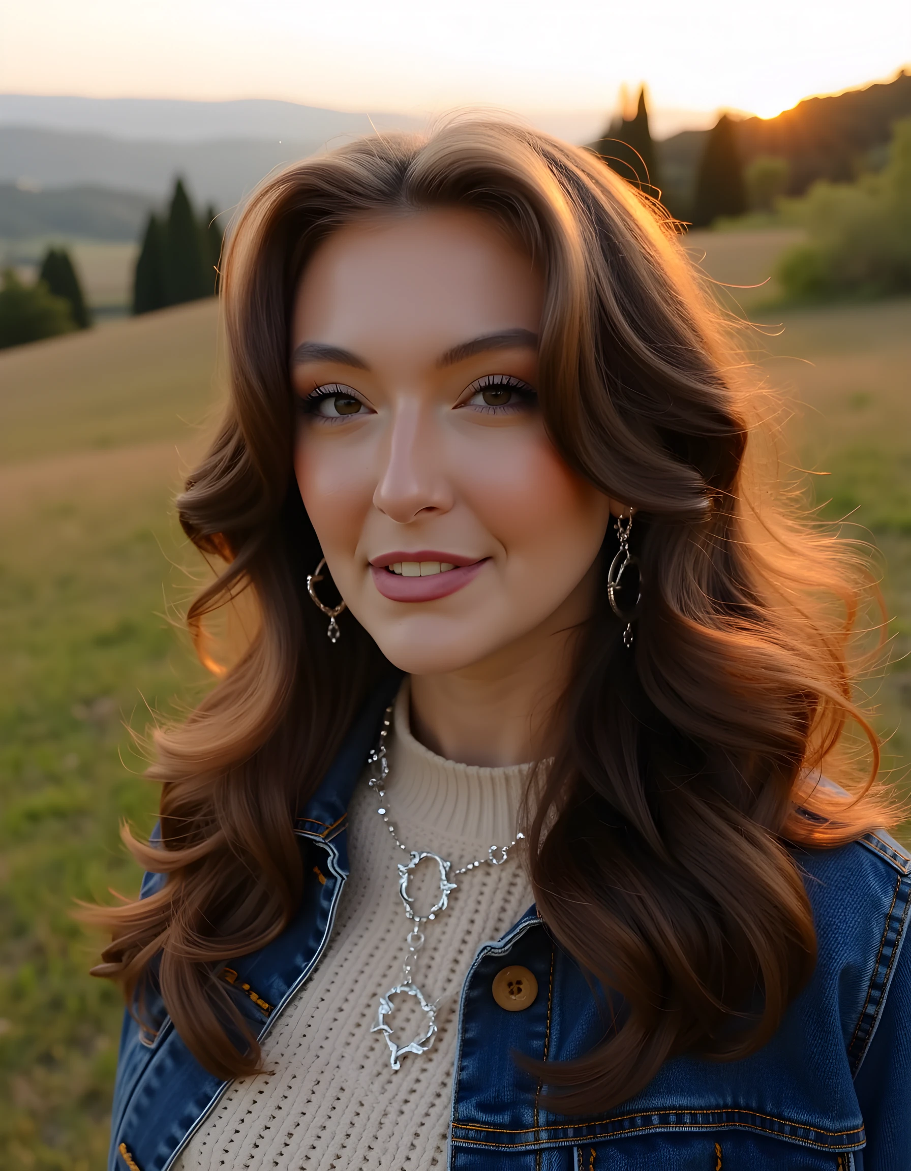 A striking close-up image of R4CH3LP, a woman with long, wavy chestnut hair cascading down her shoulders, adorned in a chic outfit consisting of a well-fitted denim jacket and a cozy, oversized knit sweater, accessorized with intricate silver jewelry that catches the soft, warm golden hues of the setting sun. The photograph is captured from an angle slightly above, emphasizing her confident posture and genuine smile, set against the backdrop of a picturesque, rustic barn in the rolling hills of Tuscany, with the fading sunlight casting a romantic, dreamy glow on the scene, creating a captivating portrait of effortless elegance.