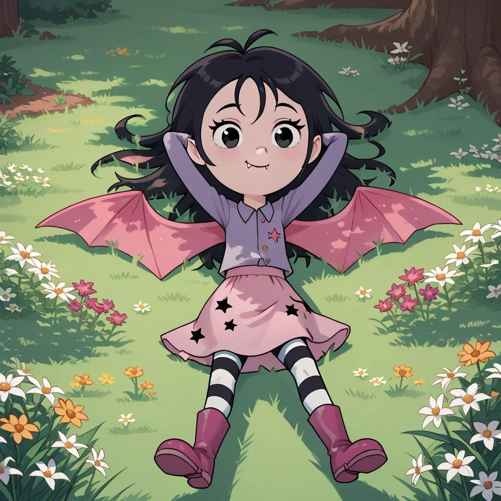 score_9, score_8, score_7, break, solo, isadora_m, 1girl, black hair, black eyes, wings, fangs, skirt, shirt, striped pantyhose, boots, on back, arms behind head, grass, flowers, tree, cute,